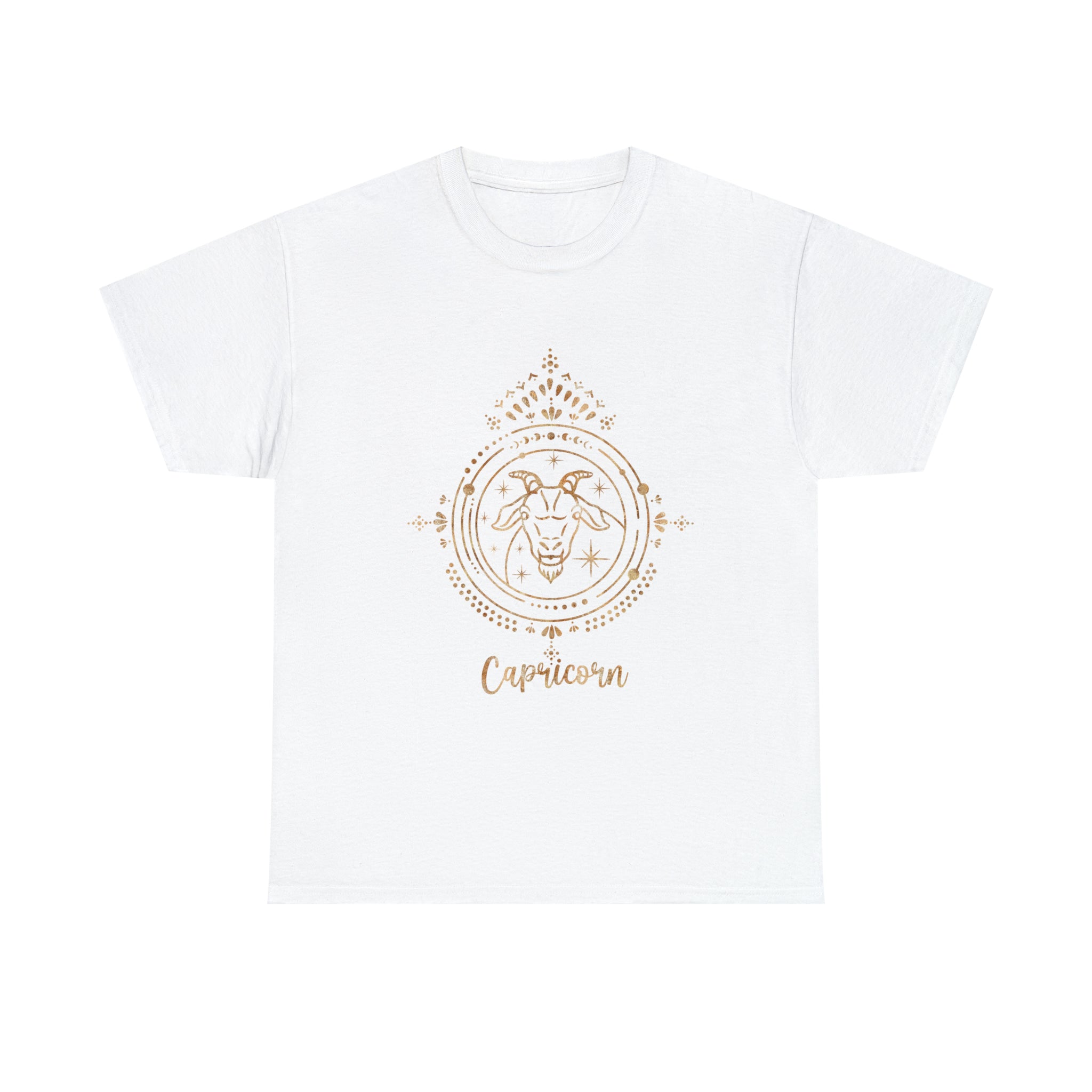 A white Capricorn t-shirt with an image of a lion on it. (Brand: Printify)