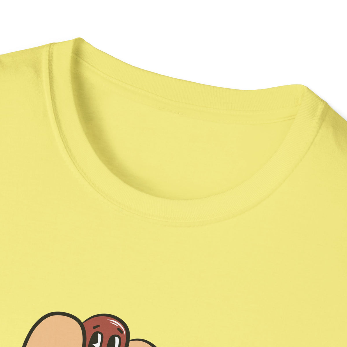 Close-up of Hotdog Cartoon print on cornsilk yellow t-shirt collar, funny cartoon food graphic detail