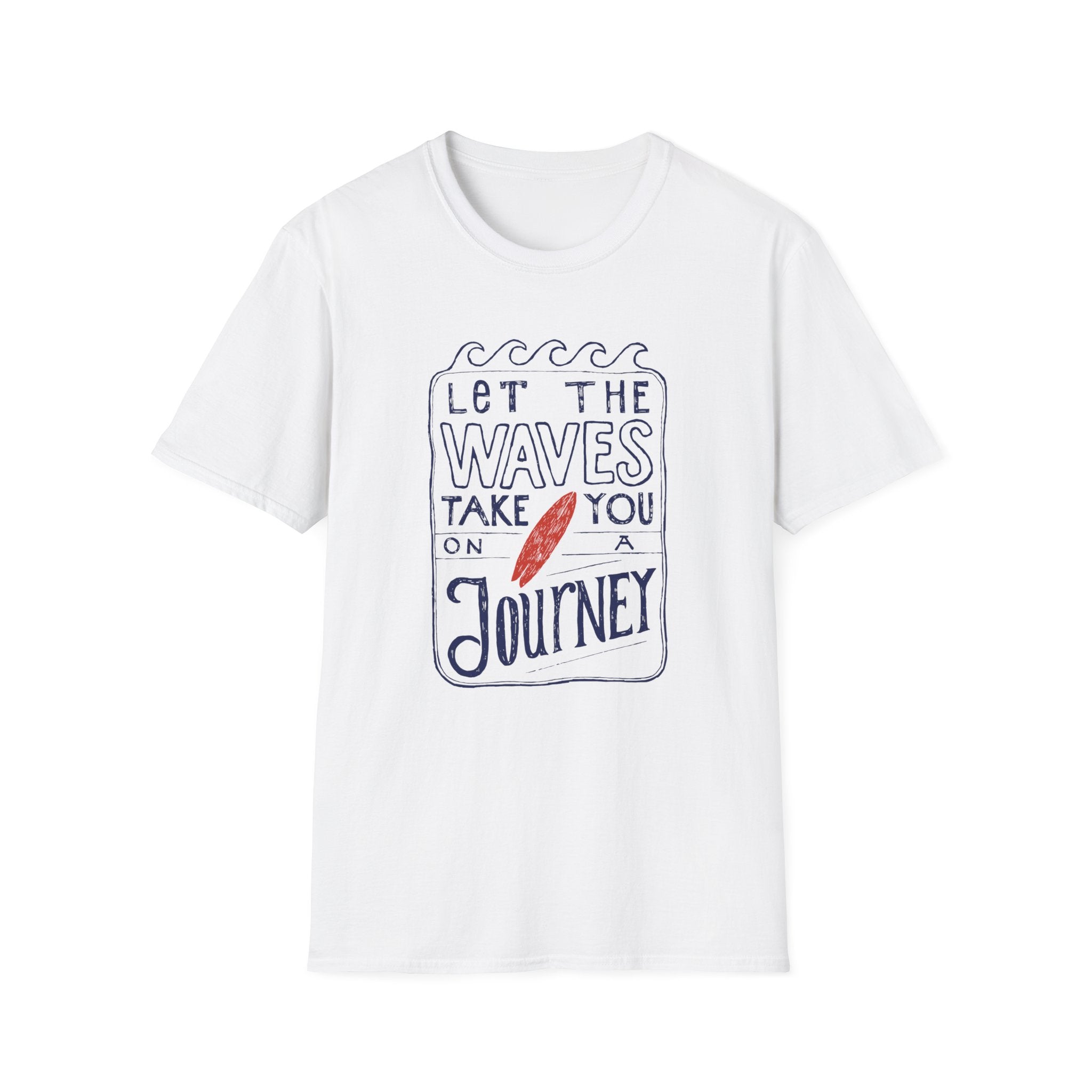 Chic t-shirt showcasing a graphic design that encourages self-exploration. The design displays the text "LET THE WAVES TAKE YOU ON A JOURNEY" along with a red surfboard illustration, leading you to undiscovered places.