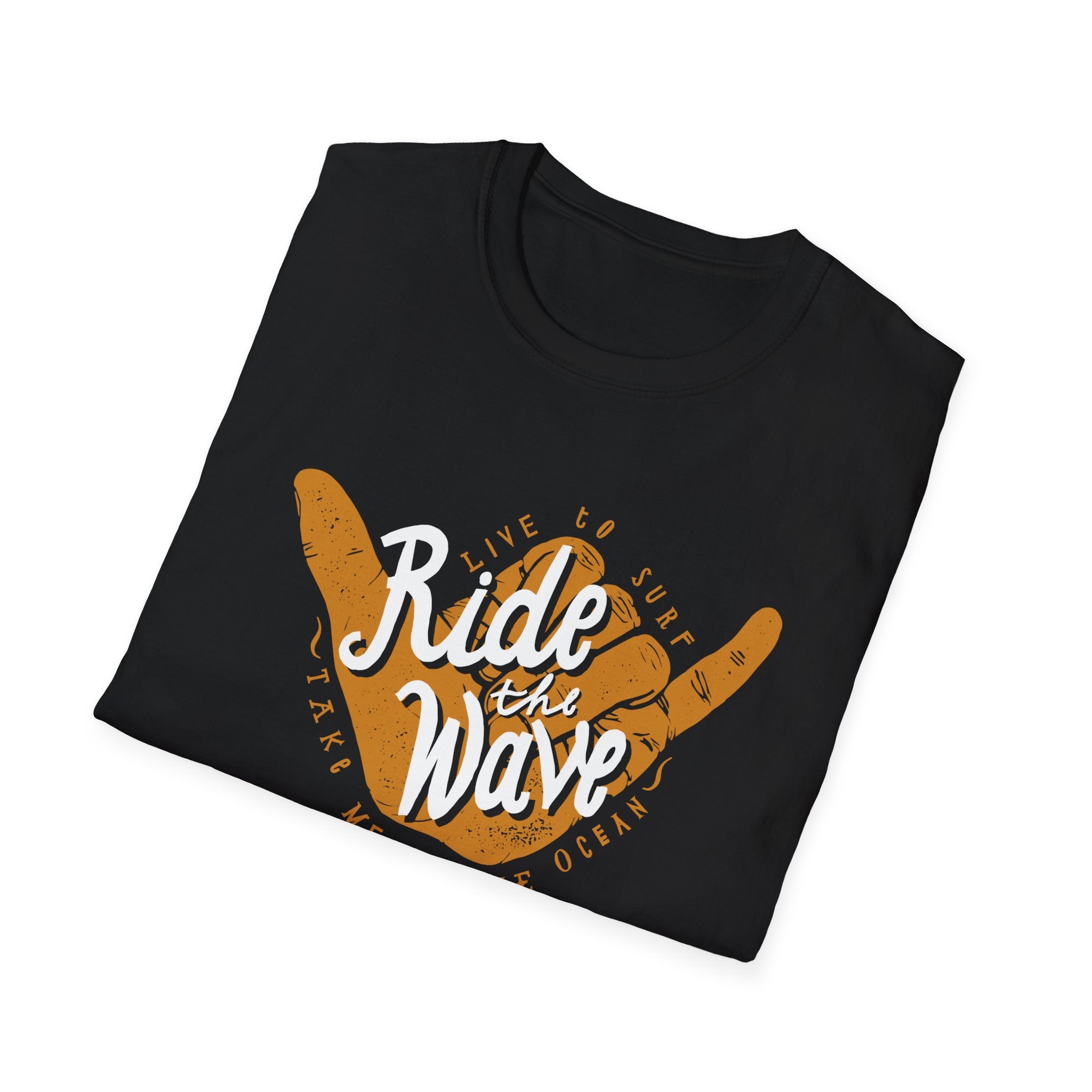 Introducing the Ride the Wave T-Shirt: a black cotton tee embellished with an orange wave and hand sign graphic, complete with the words "Ride the Wave" in sharp white. Surf’s up!