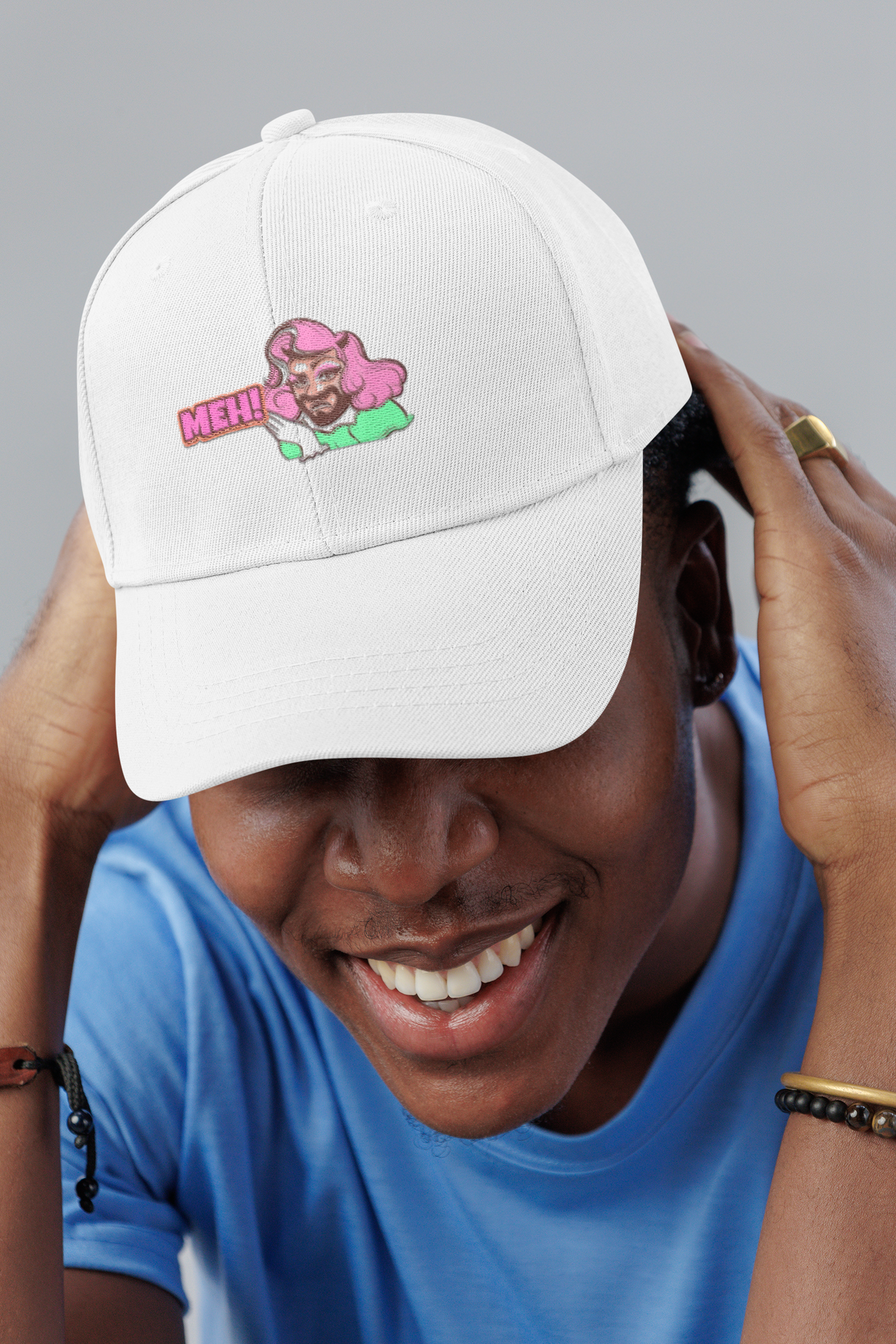 Gay MEH pride dad hat, smiling man in a studio, lifestyle mockup, Geekpsters