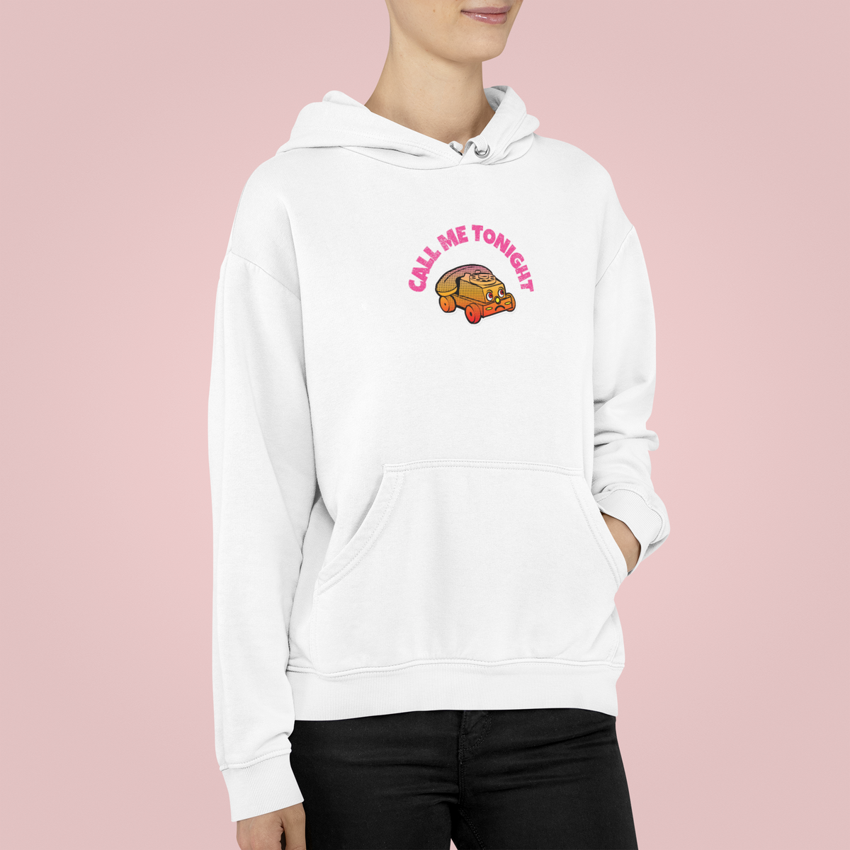 'Call Me Tonight' funny car hoodie in white, woman wearing it, pink background, cute pullover gift