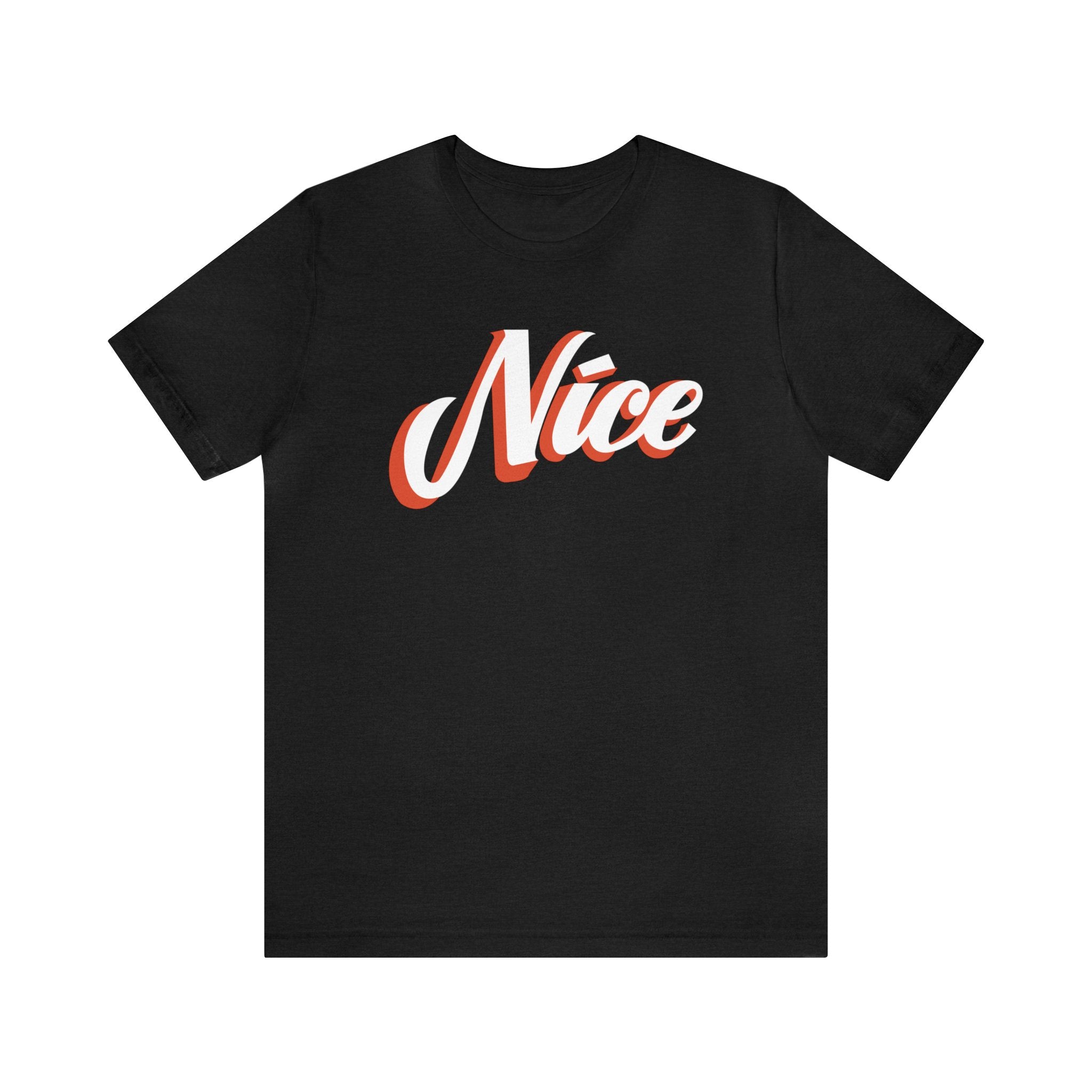 A geeky-style black Nice T- Shirt with the word nice on it.