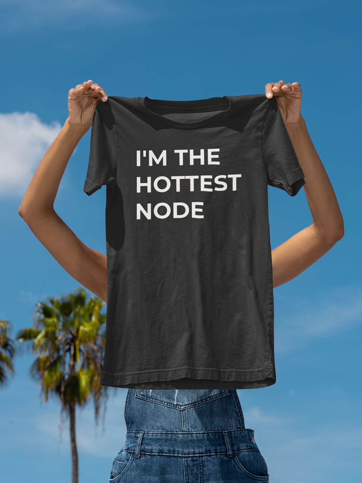 'I'm The Hottest Node' t-shirt in charcoal, person holding it up outdoors, funny programmer t-shirt gift