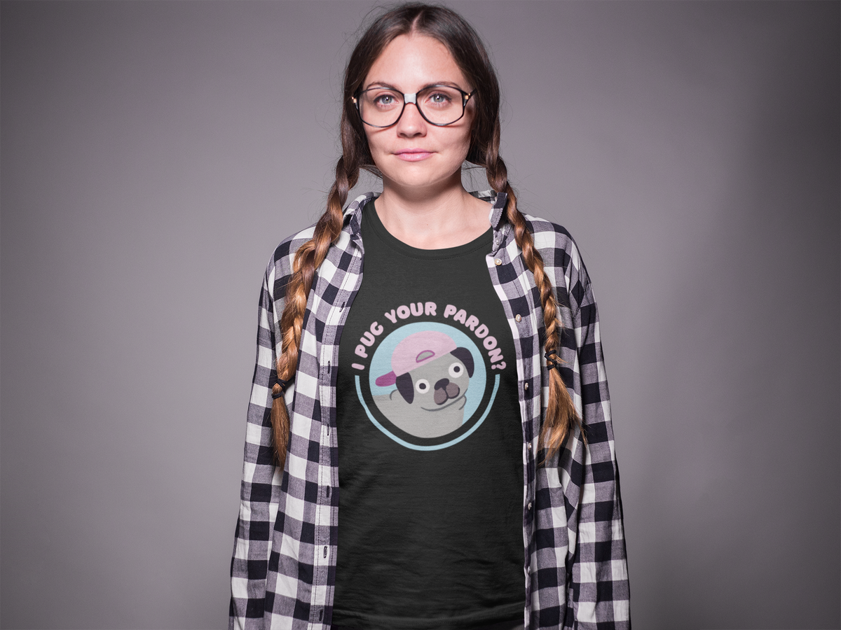 'I Pug Your Pardon' T-shirt in black, woman wearing it in a studio setting, funny dog lover gift