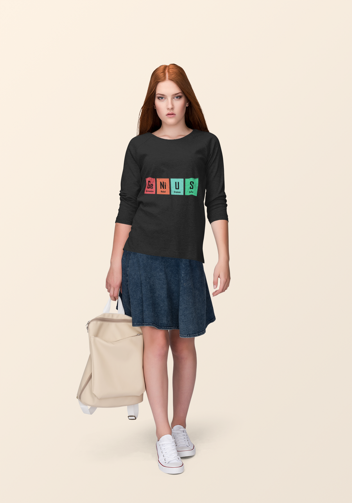 'Genius' periodic table pun sweatshirt in black, woman with skirt, lifestyle science pun gift