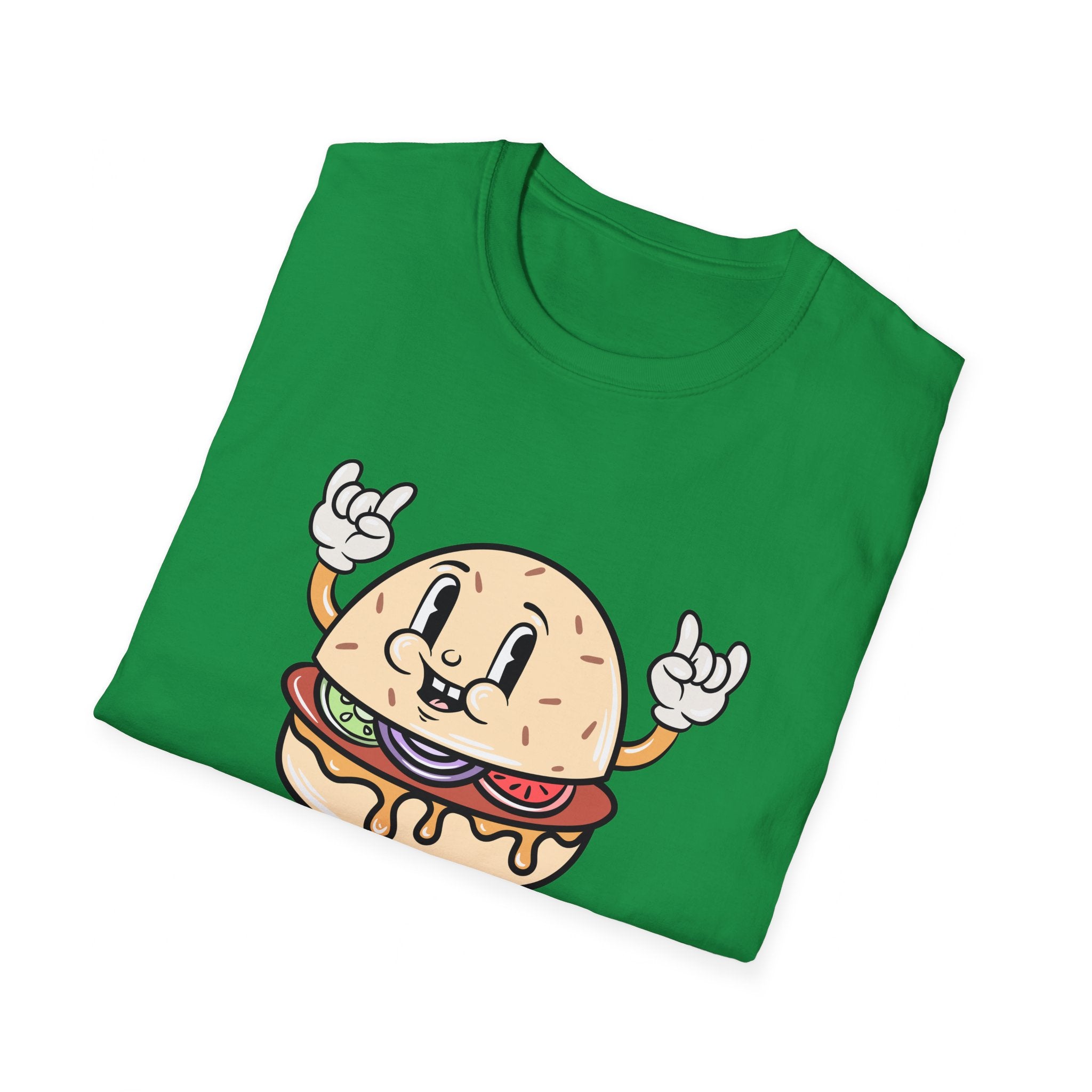 A folded green Burger Cartoon T-shirt showcasing a cartoon cheeseburger with arms, gloves, and a cheerful face making a rock 'n' roll hand gesture.