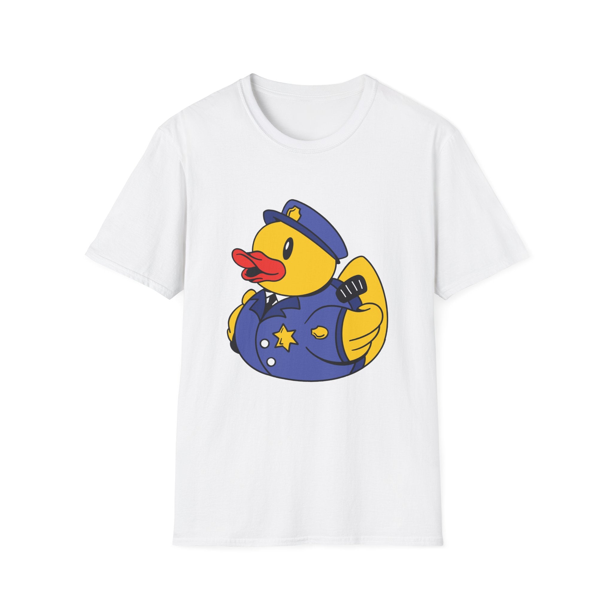 Product Data: Police Duck T-Shirt, a white tee showcasing a vibrant illustration of a duck dressed as a police officer.