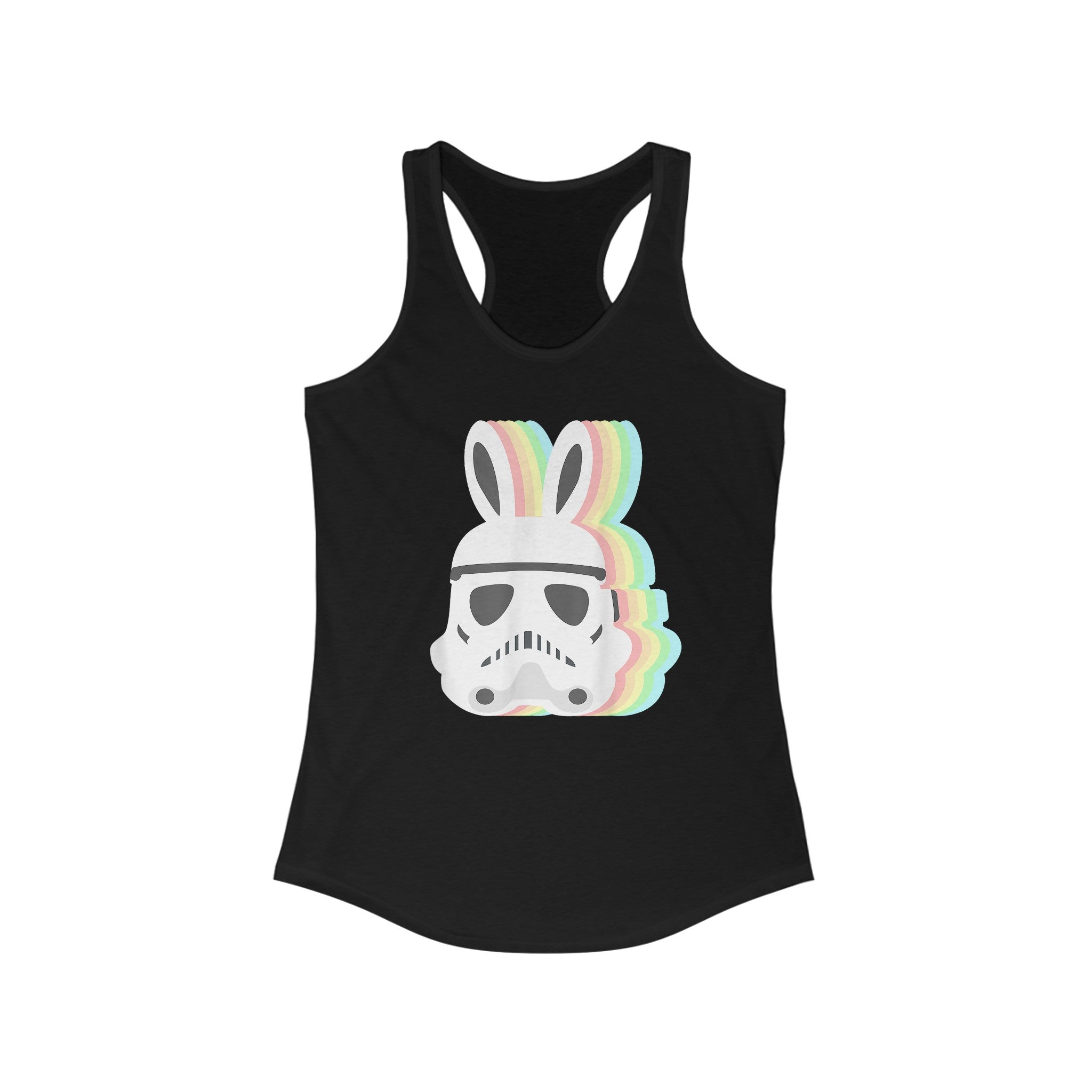 This Star Wars Easter Stormtrooper - Women's Racerback Tank features a Star Wars design with a playful twist: a Stormtrooper helmet adorned with rainbow-colored bunny ears, perfect for an Easter-themed outfit.