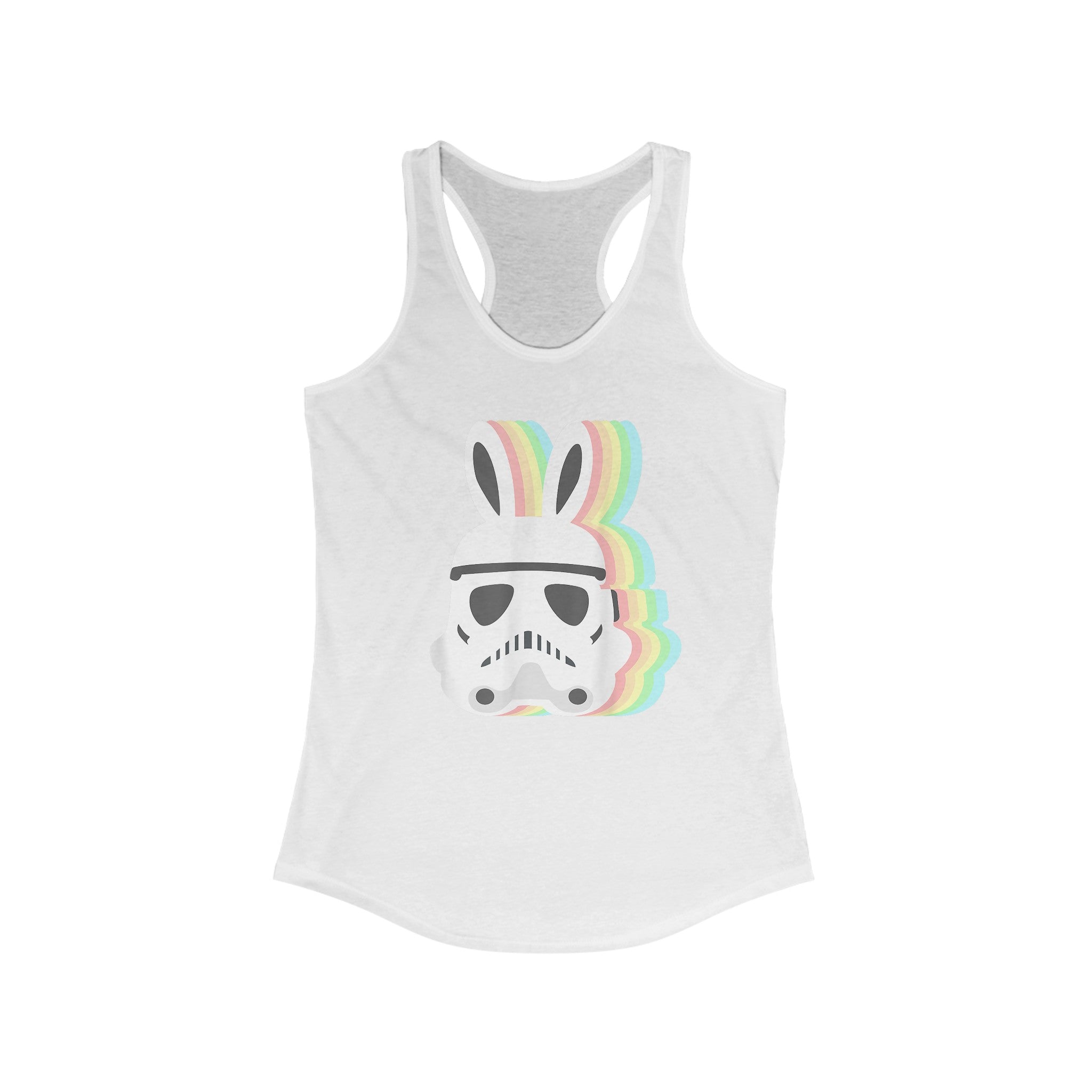 Star Wars Easter Stormtrooper - Women's Racerback Tank featuring a stormtrooper helmet with bunny ears, adorned with pastel rainbow-colored stripes for an Easter-themed Star Wars design.