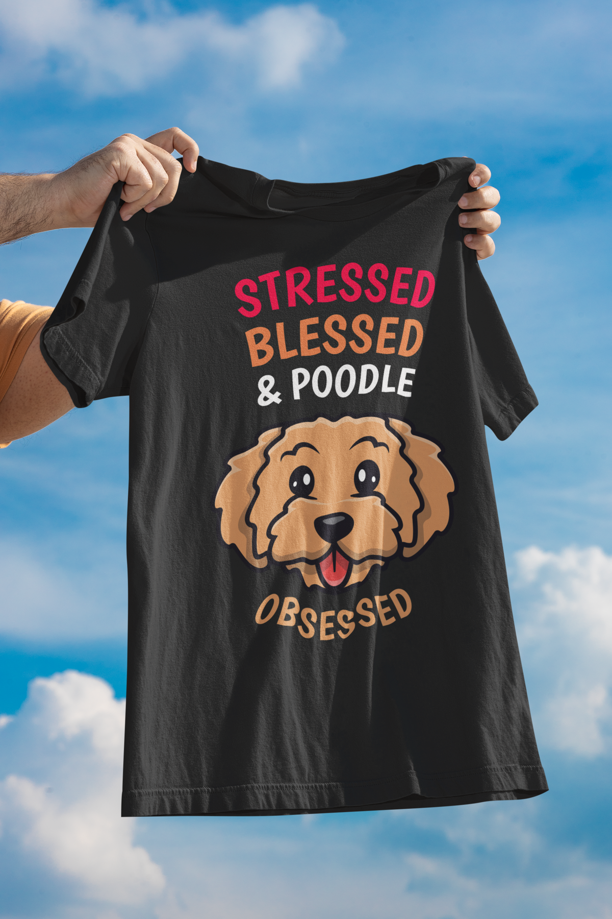'Stressed Blessed & Poodle Obsessed' women's t-shirt in black, man holding it against sky, poodle gift