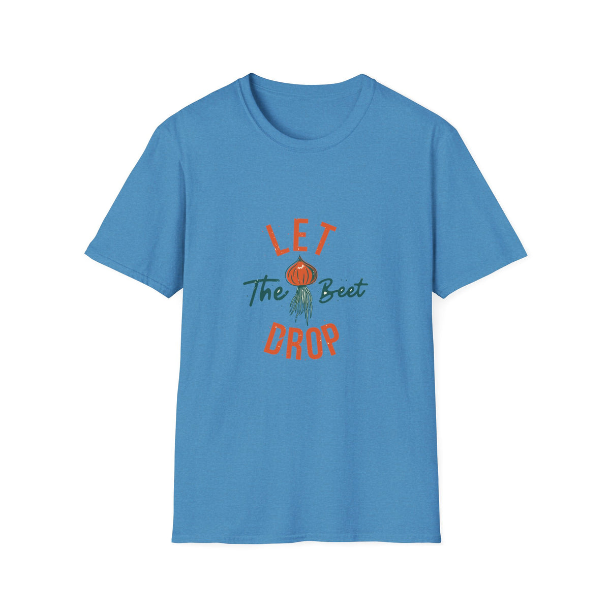 'Let the Beet Drop' funny beet pun t-shirt in heather sapphire, gift for gardeners and foodies