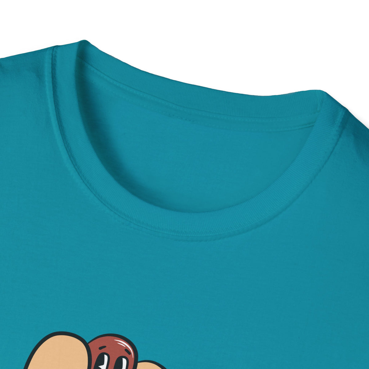 Close-up of Hotdog Cartoon print on tropical blue t-shirt collar, funny cartoon food graphic detail