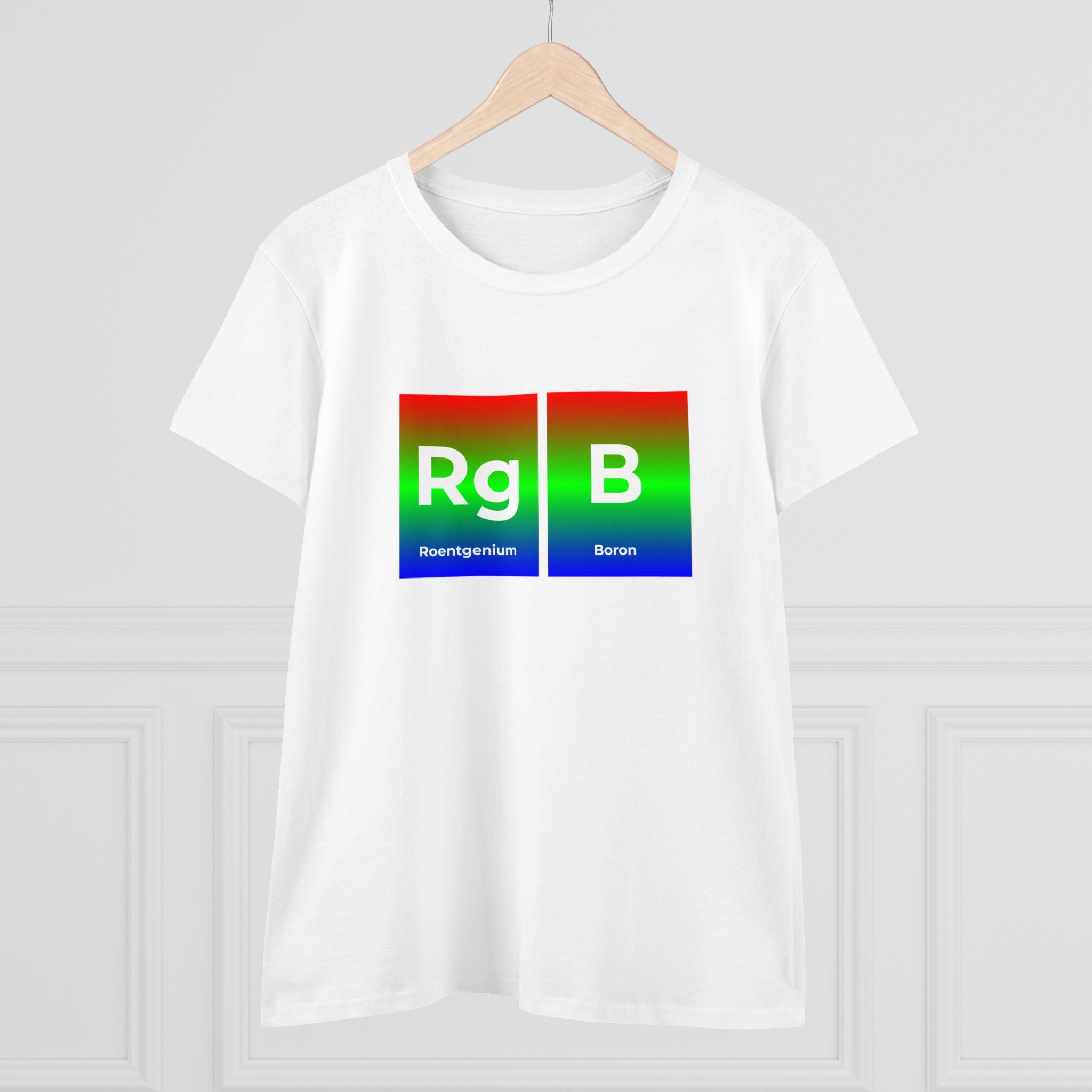 RG-B - Women's Tee hanging on a wooden hanger featuring two periodic table elements: Roentgenium ('Rg') and Boron ('B') with a gradient background. Made from soft, breathable cotton, it highlights our commitment to ethical fashion.