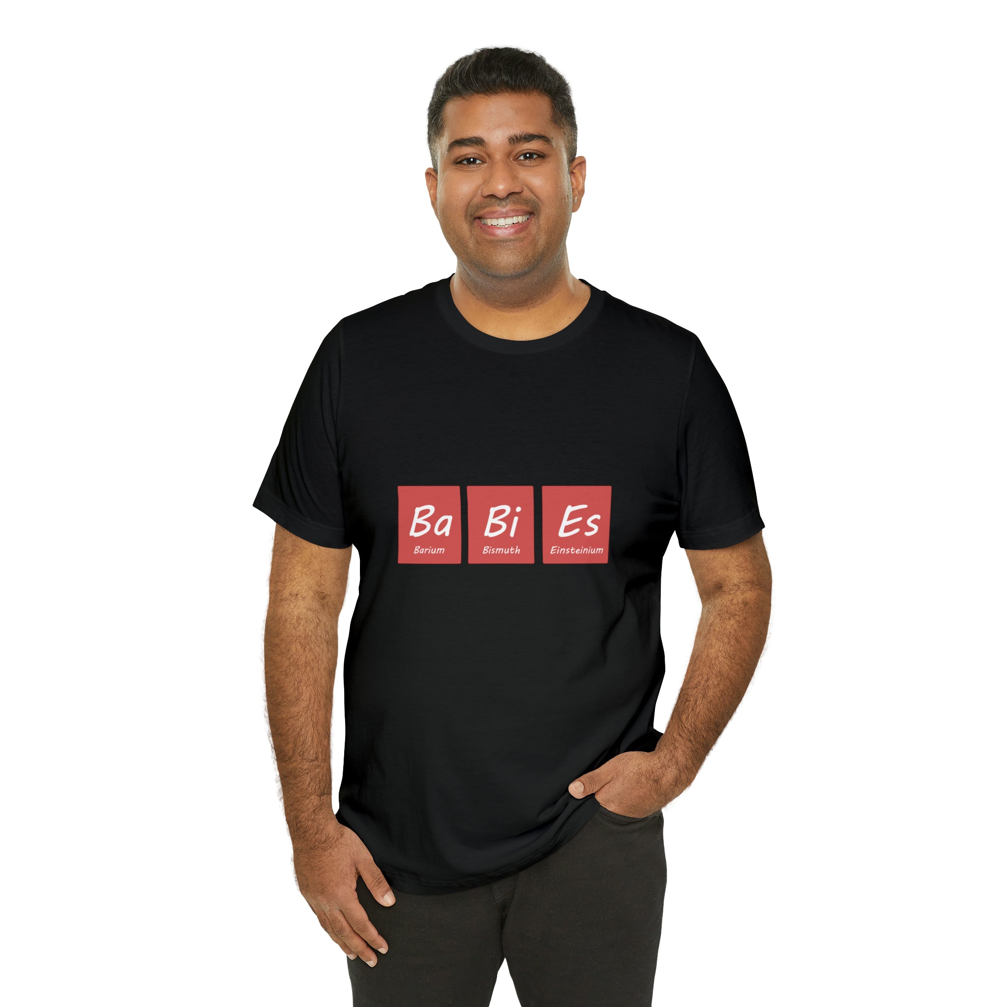A man wearing a unique Ba - Bi - Es T-Shirt.
