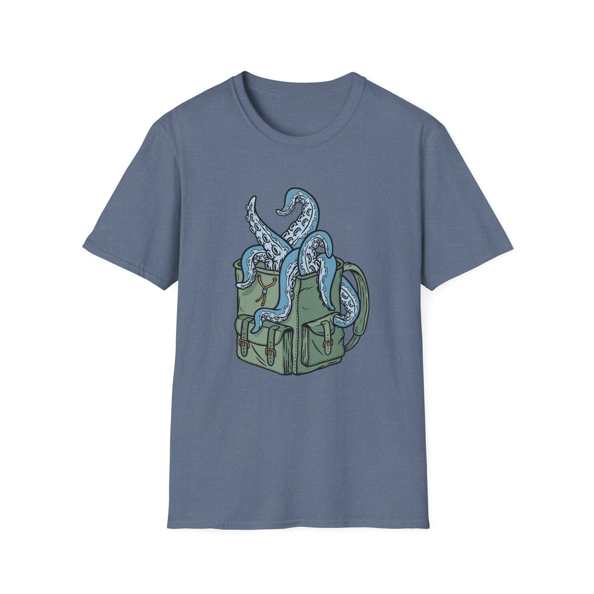 'Octopus Comes Out of the Bag' t-shirt in heather indigo, flat lay front, funny gift for hikers