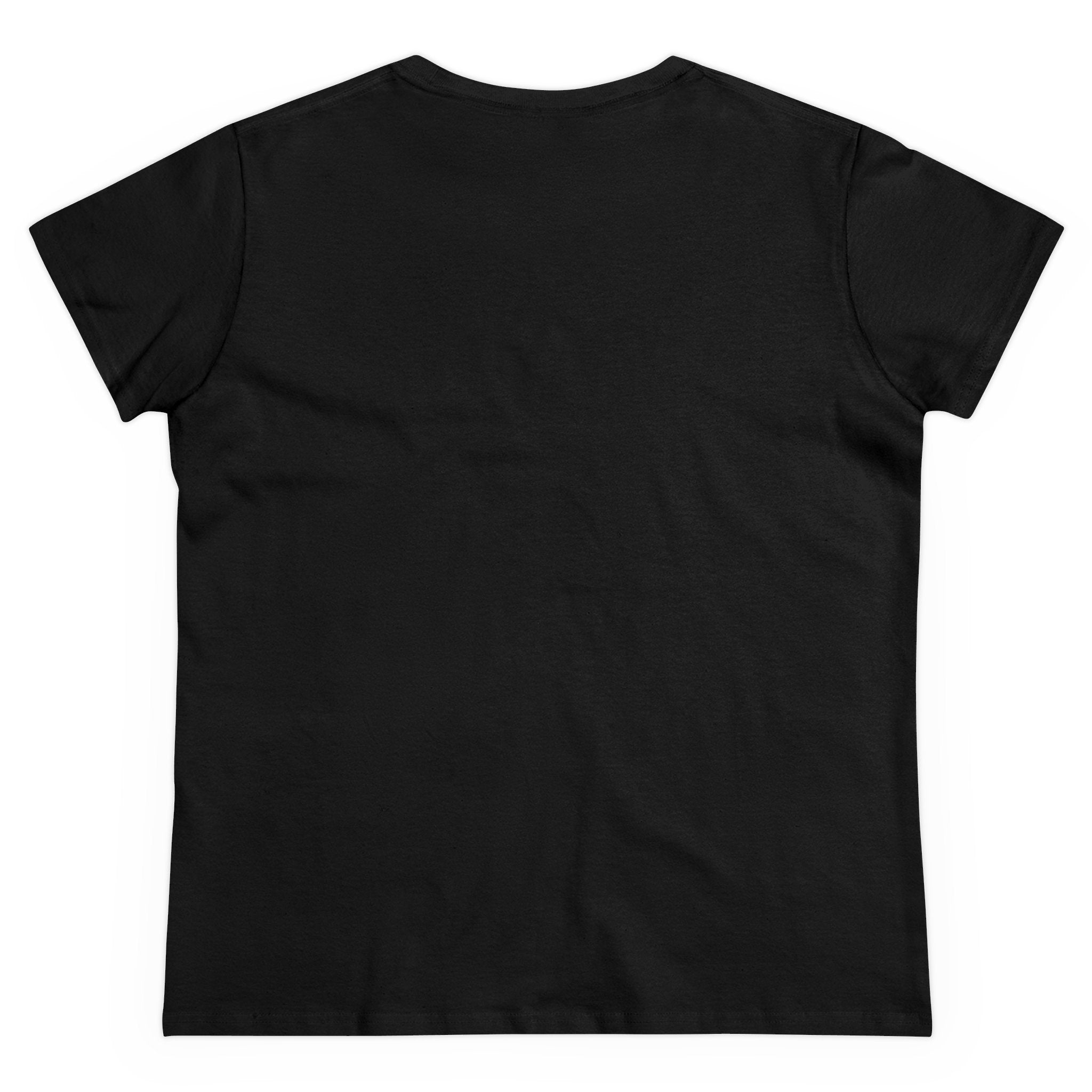 A plain black short-sleeved RG-B - Women's Tee, made from soft cotton, is shown laid out flat, displaying the back side.
