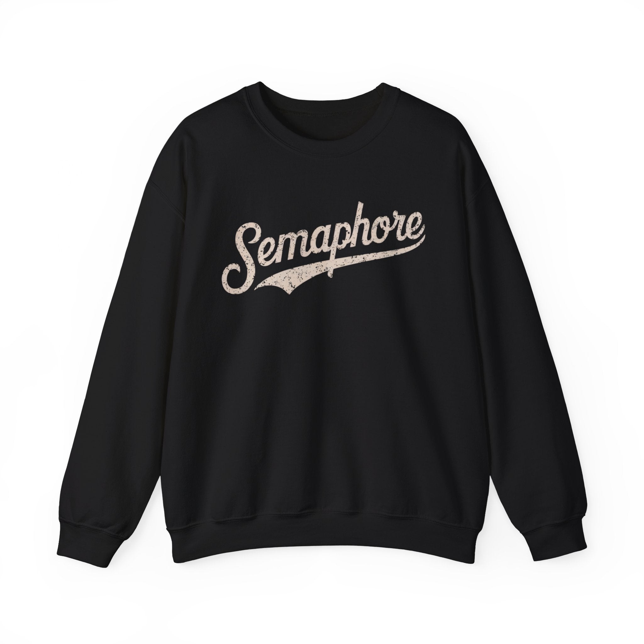 A black Semaphore - Sweatshirt with the word "Semaphore" written in a cursive script across the chest in a vintage style, perfect for adding both style and warmth during chillier weather.