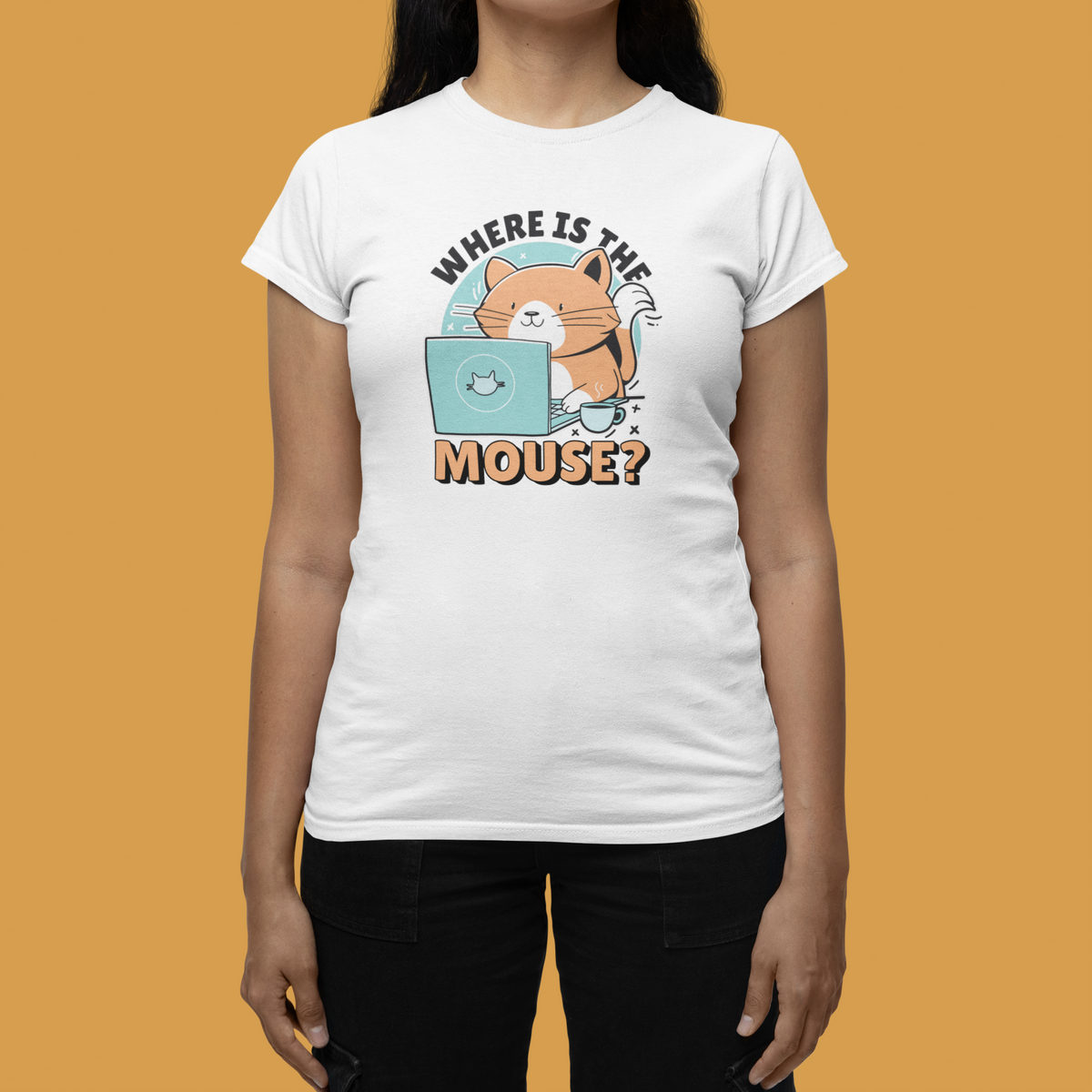 "Where Is The Mouse?" cat graphic tee in white, woman wearing it on tan backdrop, funny cat lover gift for her