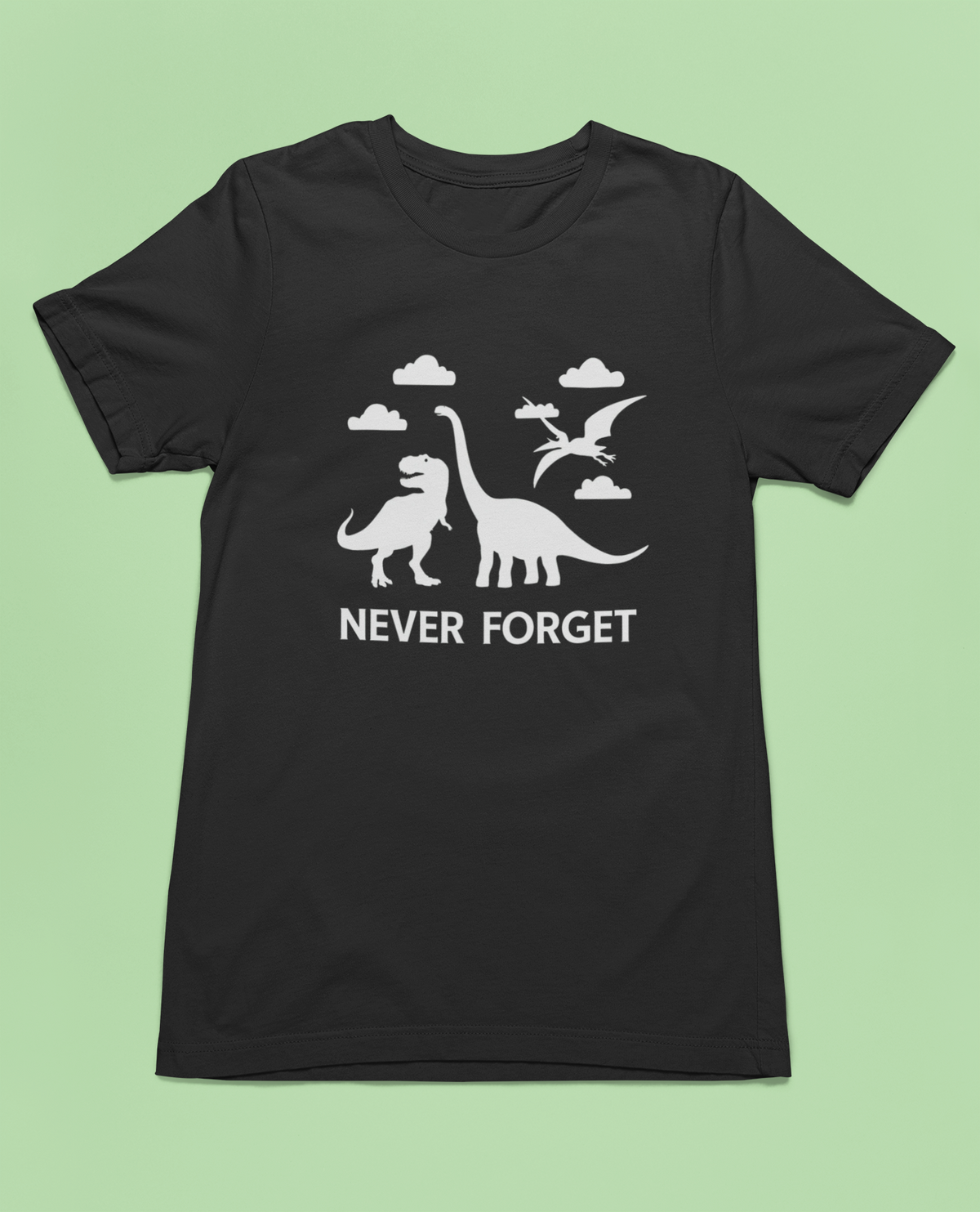 'Never Forget' dinosaur t-shirt in black, flat lay on green background, funny paleontology gift