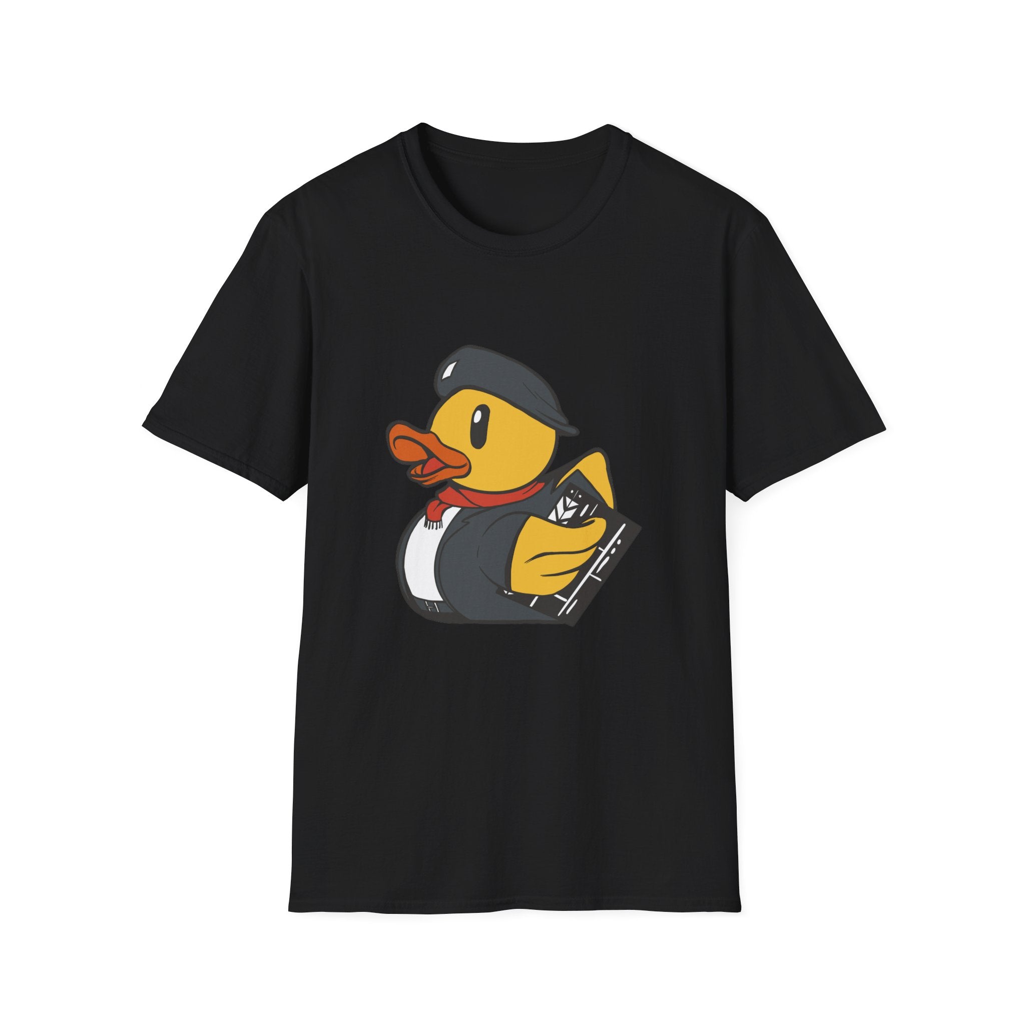 The Director Duck T-Shirt is a black, soft-cotton shirt showcasing a cartoon duck wearing a beret and red scarf, holding a camera. Make a splash with this quirky design that captures attention and sparks conversation.