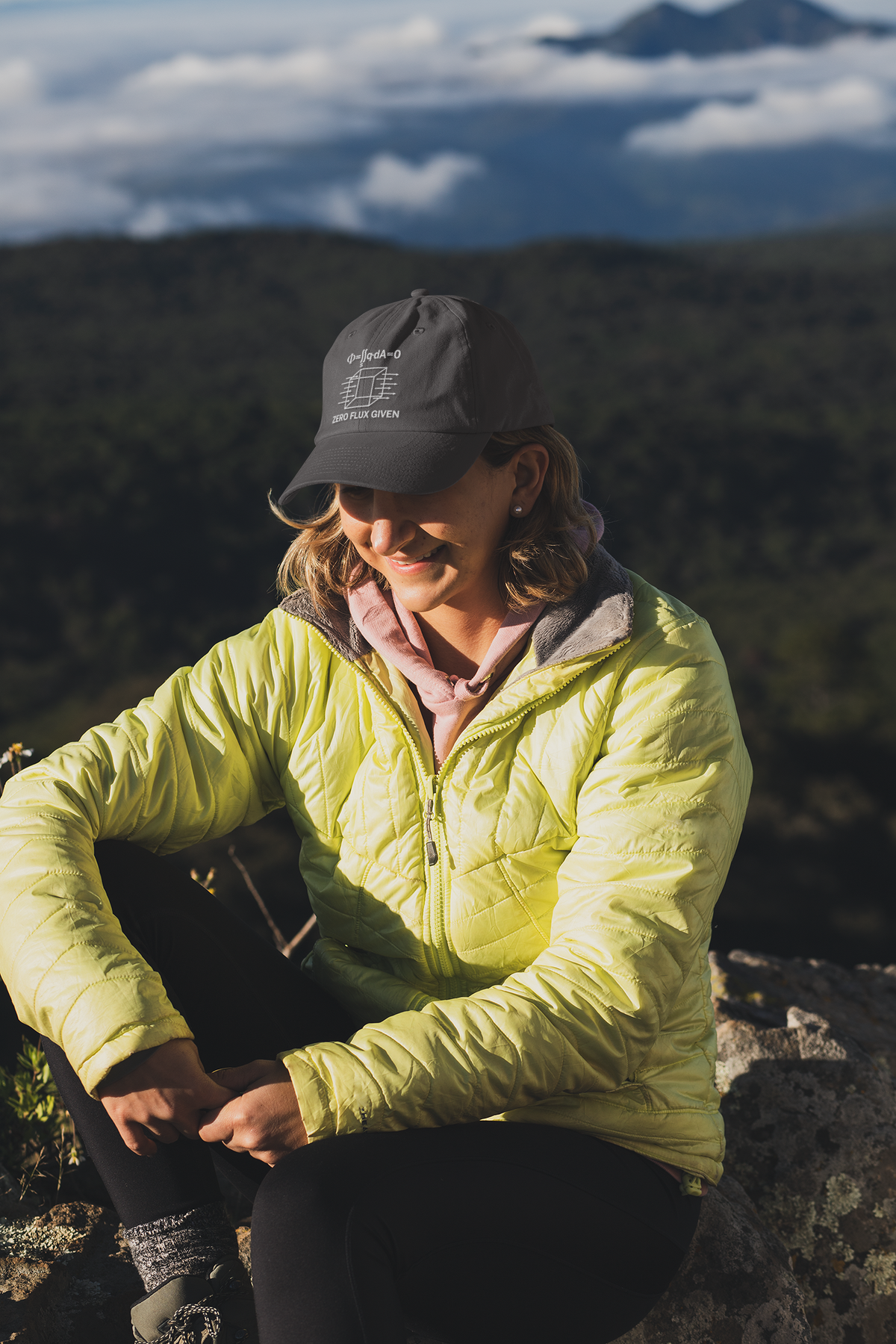 Zero Flux Given physics dad hat, woman on a mountain hike, lifestyle mockup, Geekpsters