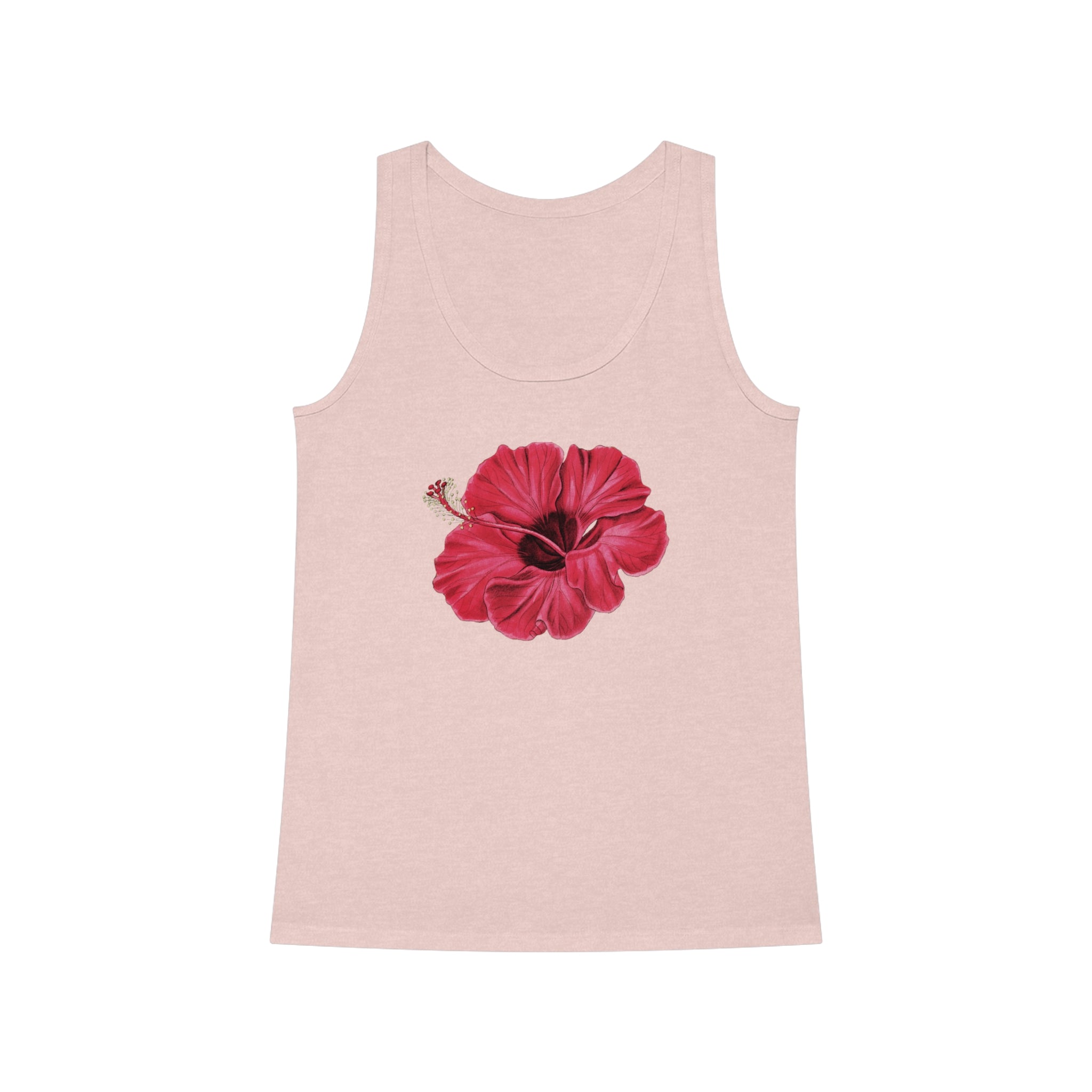 A Flower Red Tank Top in light pink, showcasing a prominent red hibiscus flower graphic at the center.