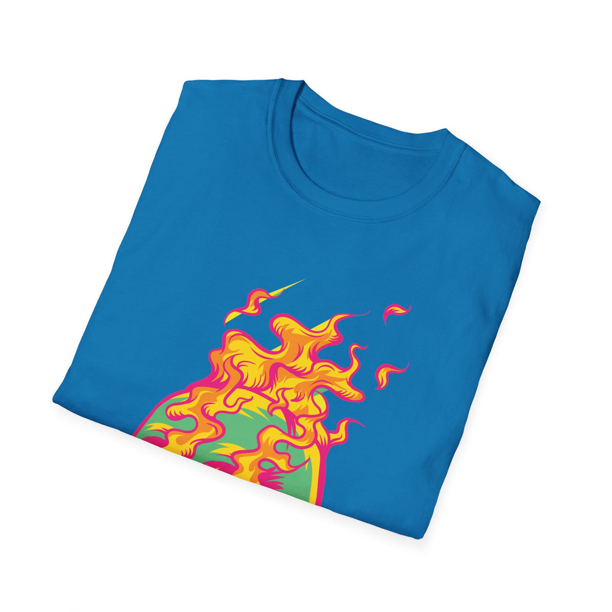 'Skull in Flames' psychedelic flame print folded on sapphire blue t-shirt, funny gothic pop art gift