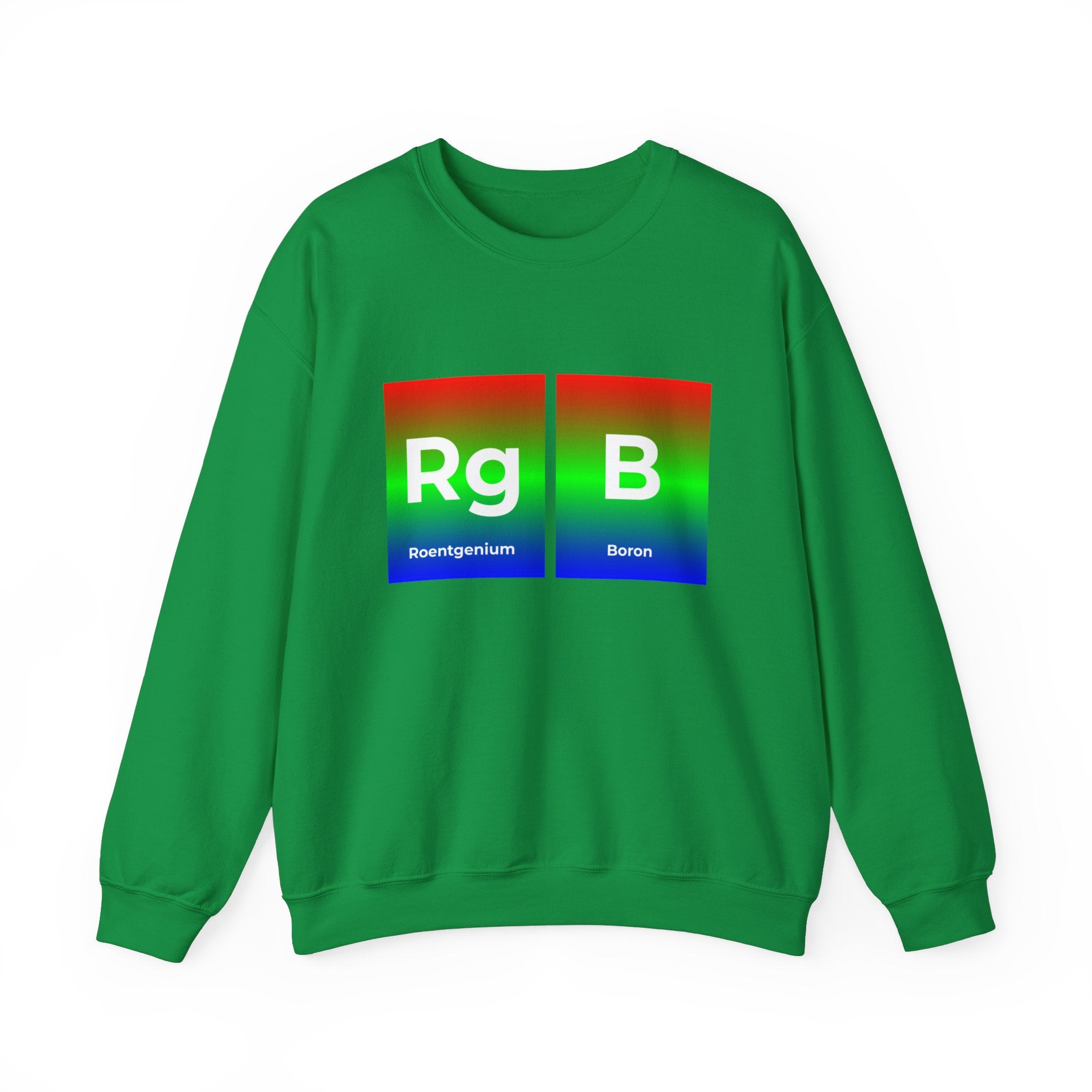 A cozy green RG-B - Sweatshirt featuring two periodic table elements, Roentgenium (Rg) and Boron (B), displayed in colorful blocks—perfect for comfort lovers with a stylish edge.
