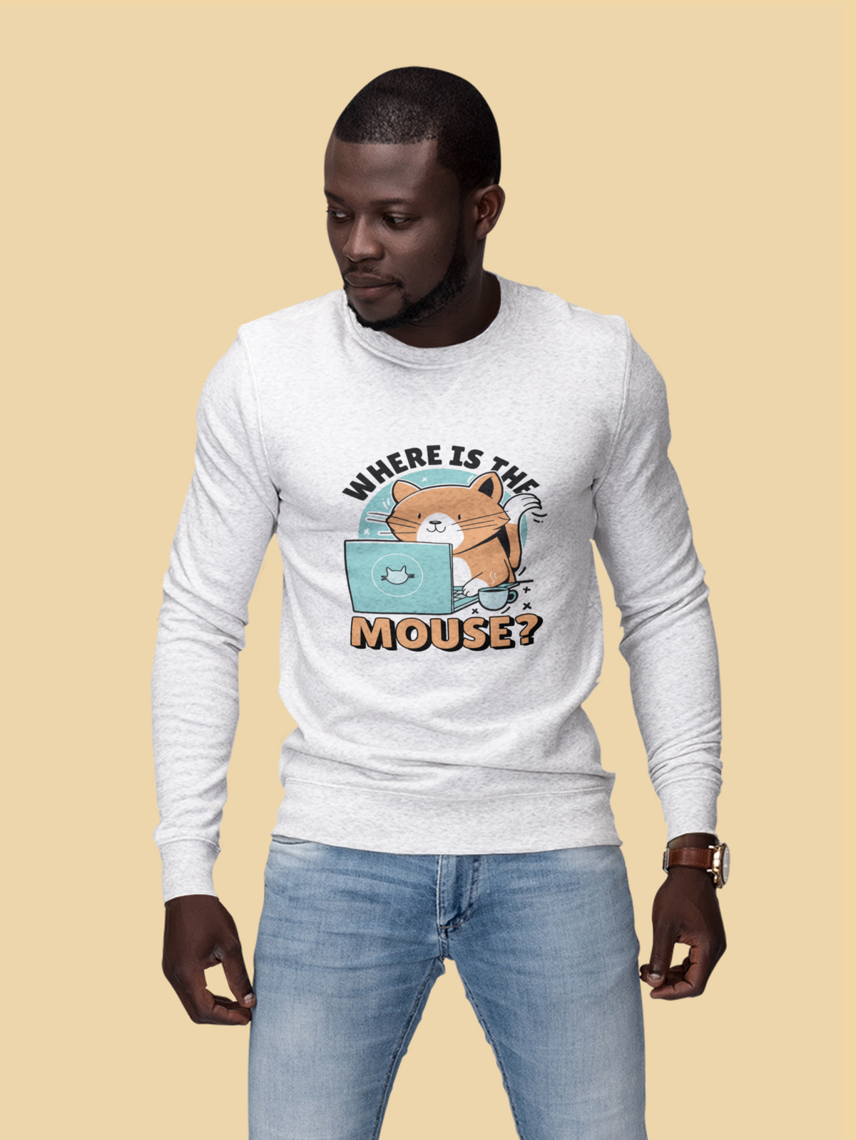 "Where Is The Mouse?" cat graphic sweatshirt in white, man wearing it on tan backdrop, cat lover gift