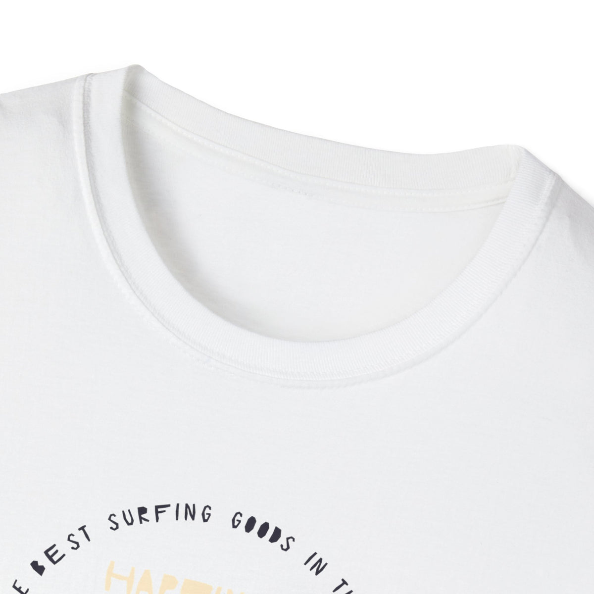 ‘Happiness Comes in Waves’ white tee, close-up of collar, blank front, surfer gift idea