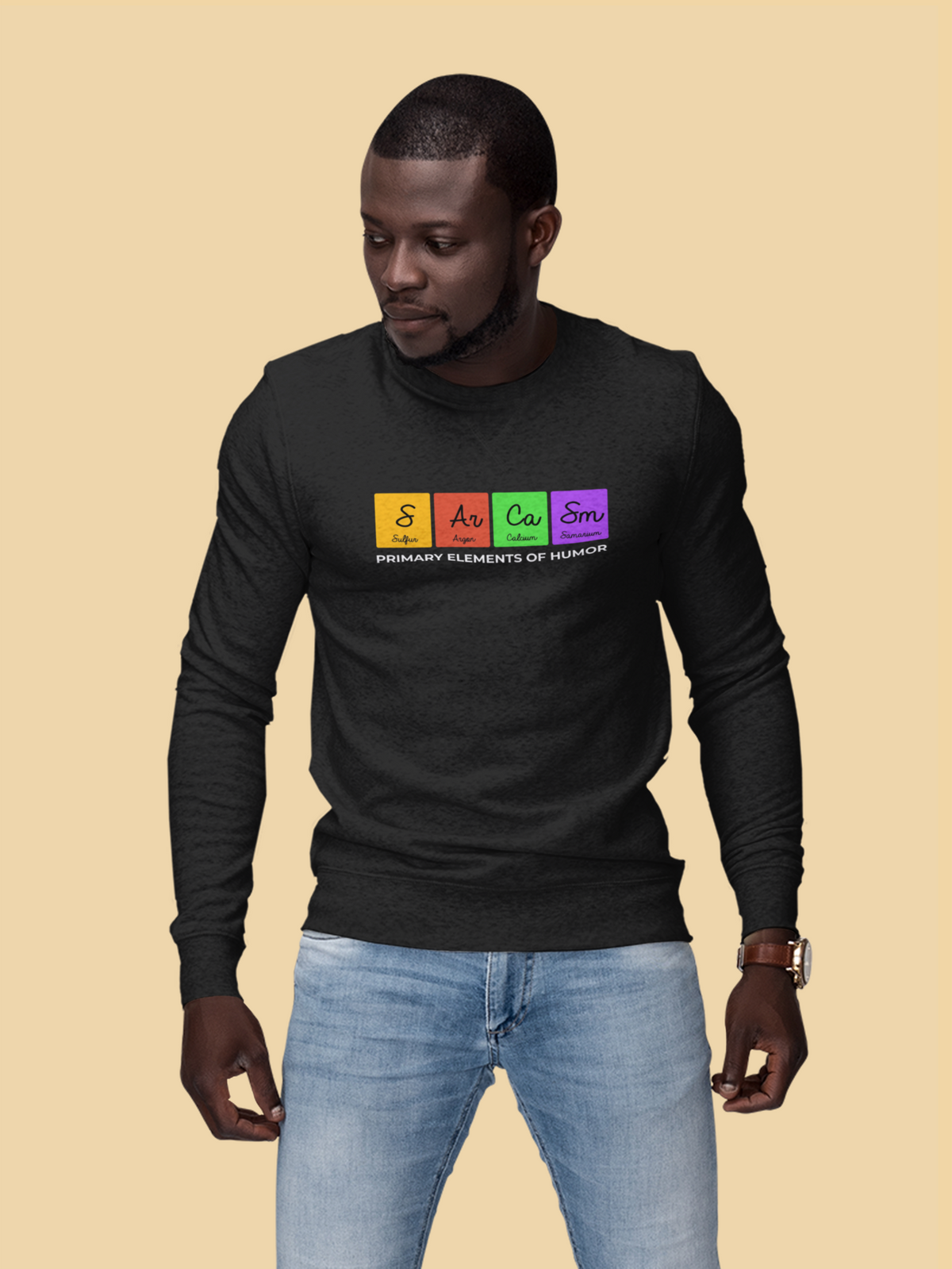 'Sarcasm, Primary Elements of Humor' periodic table sweatshirt in charcoal, man wearing it outdoors, funny gift