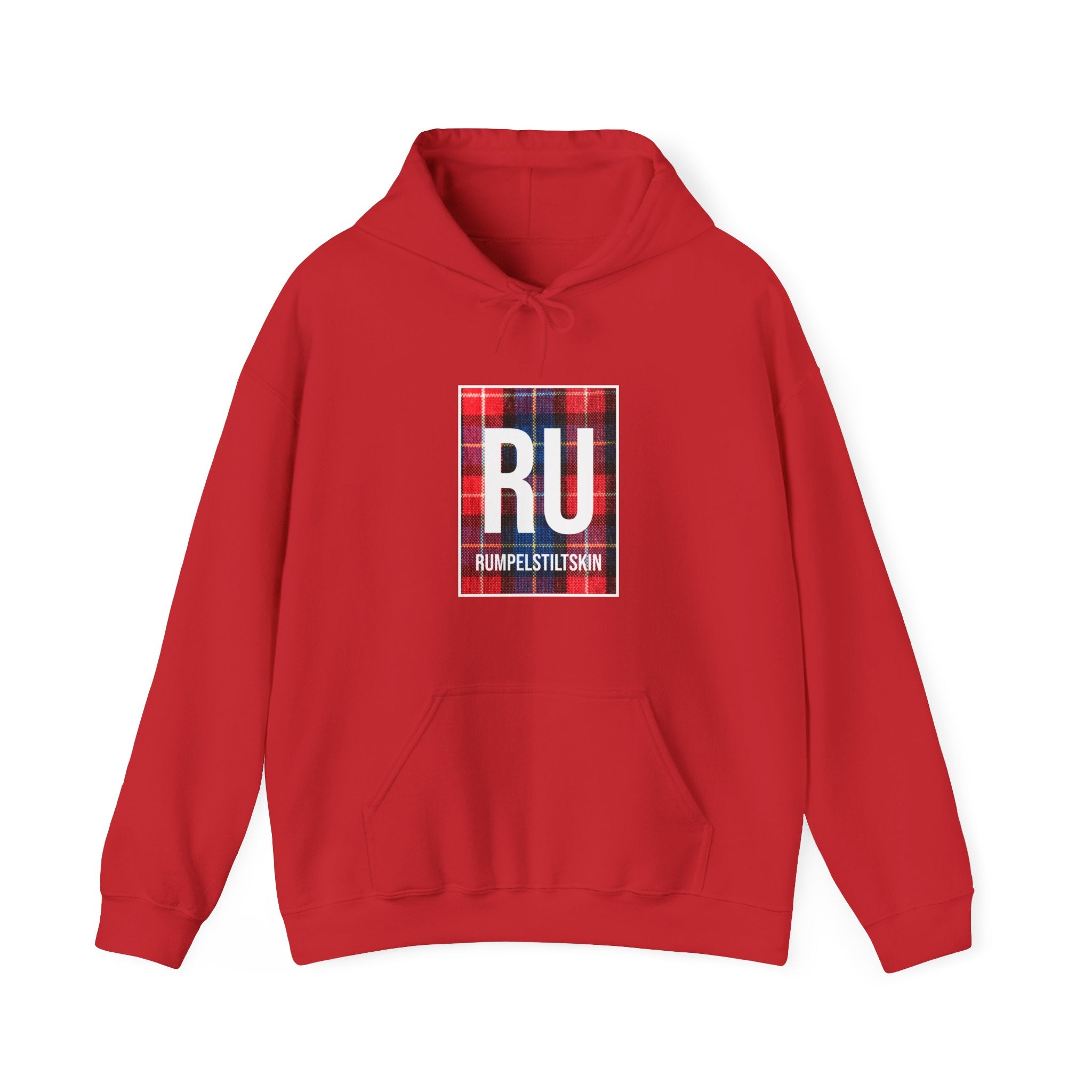 A red RU - Hooded Sweatshirt with a front pocket featuring a graphic design in the center that displays the letters "RU" and the word "Rumpelstiltskin" underneath, offering ultimate comfort and style.