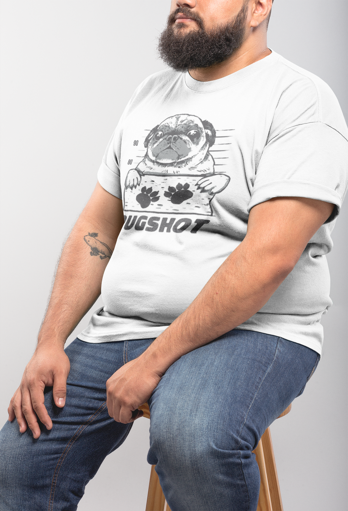Pugshot T-shirt in white, bearded man wearing it, mugshot pug print, funny gift for dog owners
