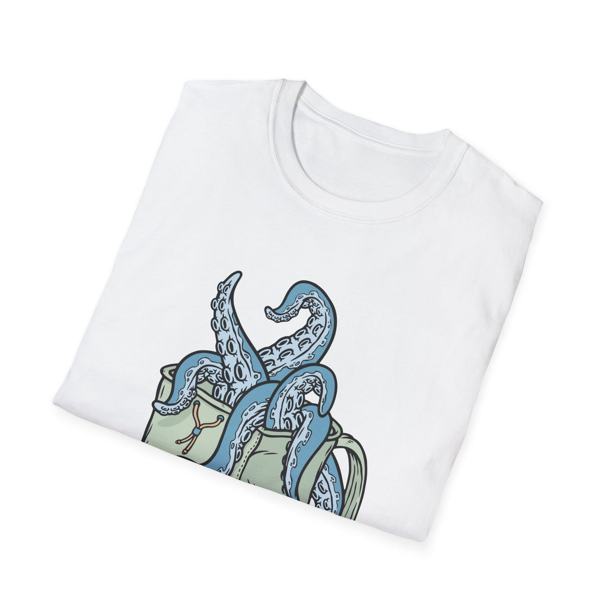 'Octopus Comes Out of the Bag' t-shirt in white, folded flat lay, funny gift for hikers and backpackers