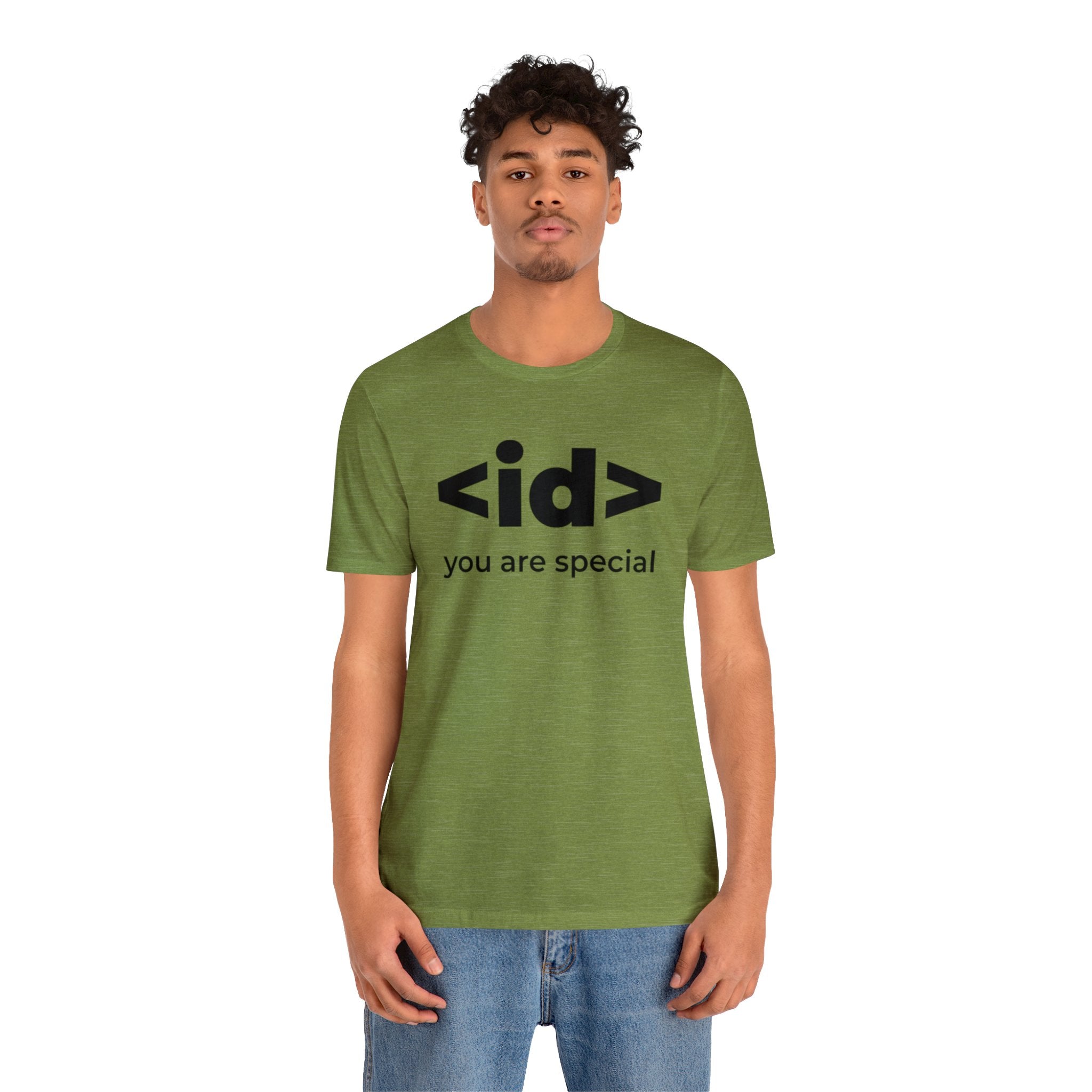 A man proudly wearing the <id> You Are Special T-shirt, showcasing his brilliance.