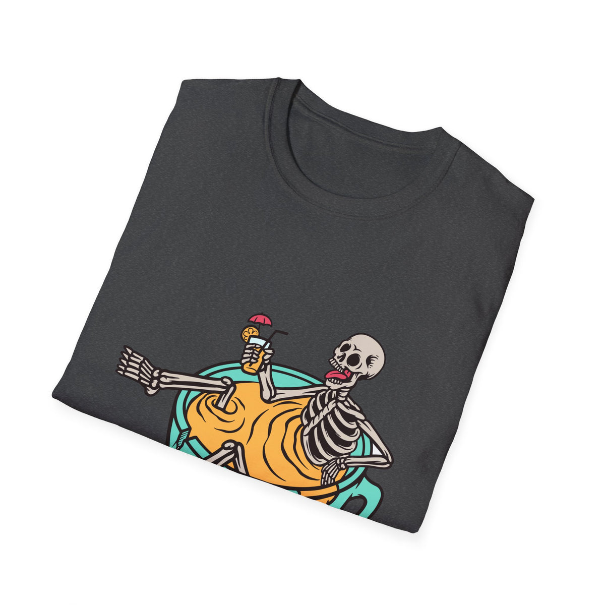 'Relaxing Skull' skeletons in a teacup print folded on charcoal black t-shirt, funny gift idea