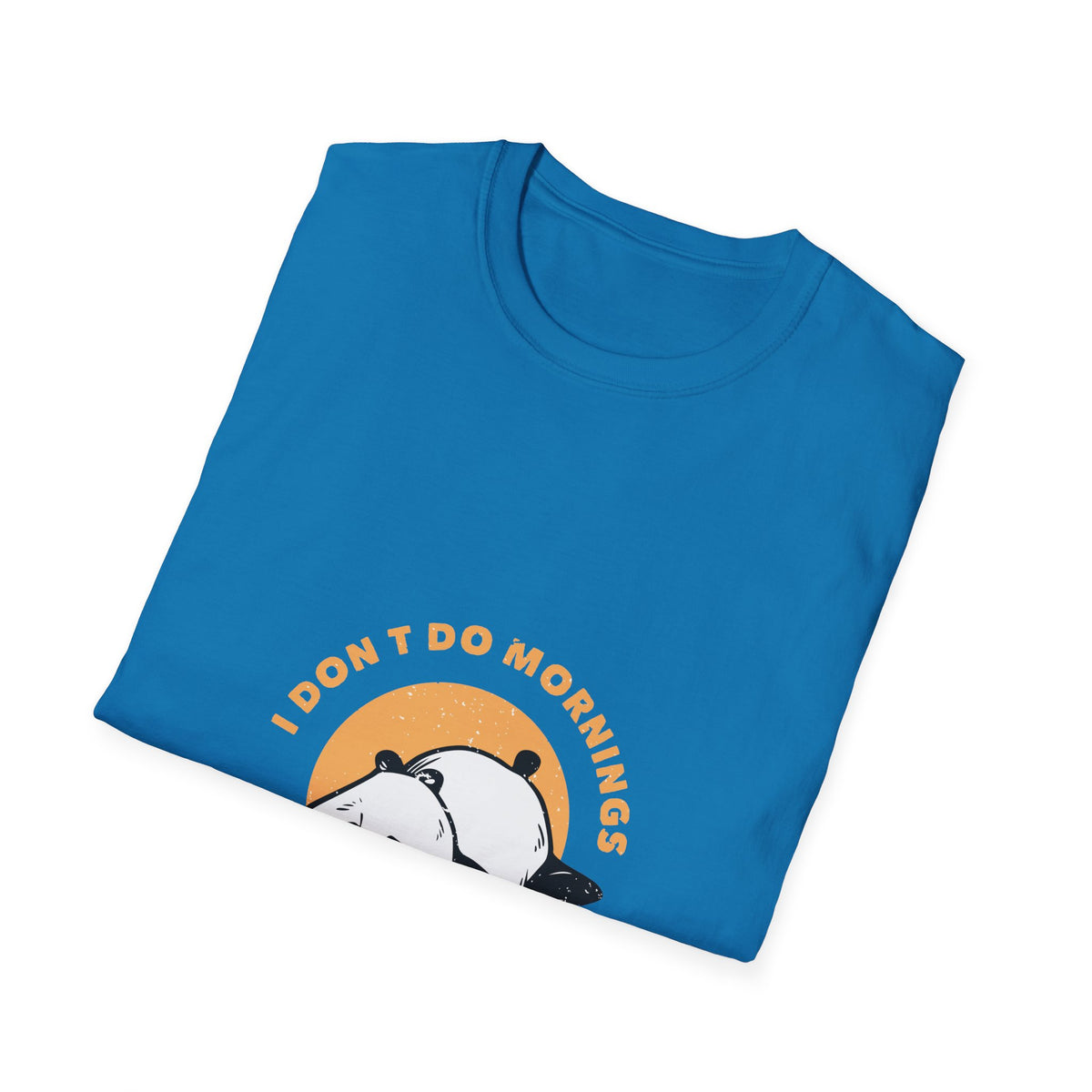 'I Don't Do Mornings' sleepy panda print folded on cobalt blue t-shirt, funny sunrise graphic gift