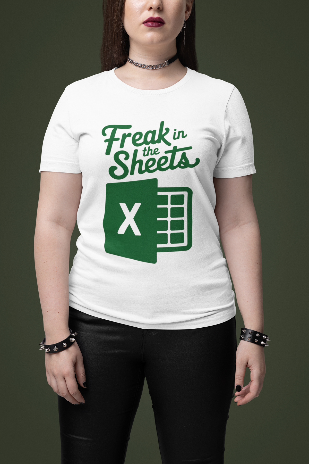 'Freak In The Sheets' t-shirt in white, woman wearing it on green background, funny accountant gift