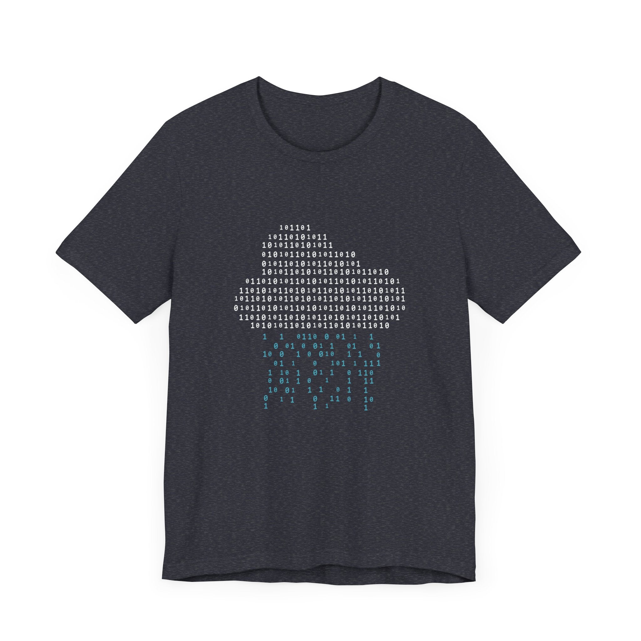 A black Binary Rain Cloud - T-Shirt with a design of a cupcake made from binary code, crafted from premium Airlume combed, ring-spun cotton for ultimate comfort.