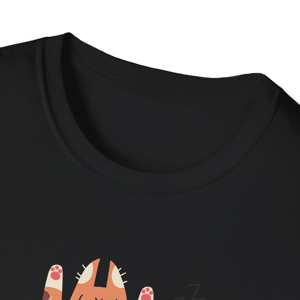 Close-up of You Make Me Go ZZZ sleepy cat print hem on black t-shirt, funny cat lover detail