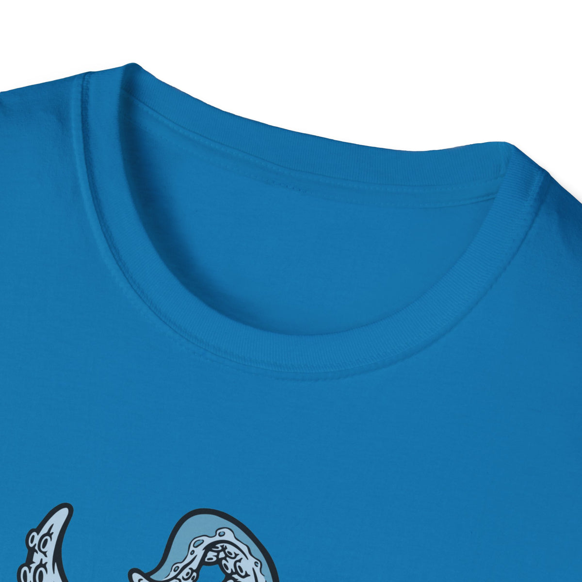 'Octopus Comes Out of the Bag' t-shirt in sapphire blue, close-up of neckline, hiking gift idea