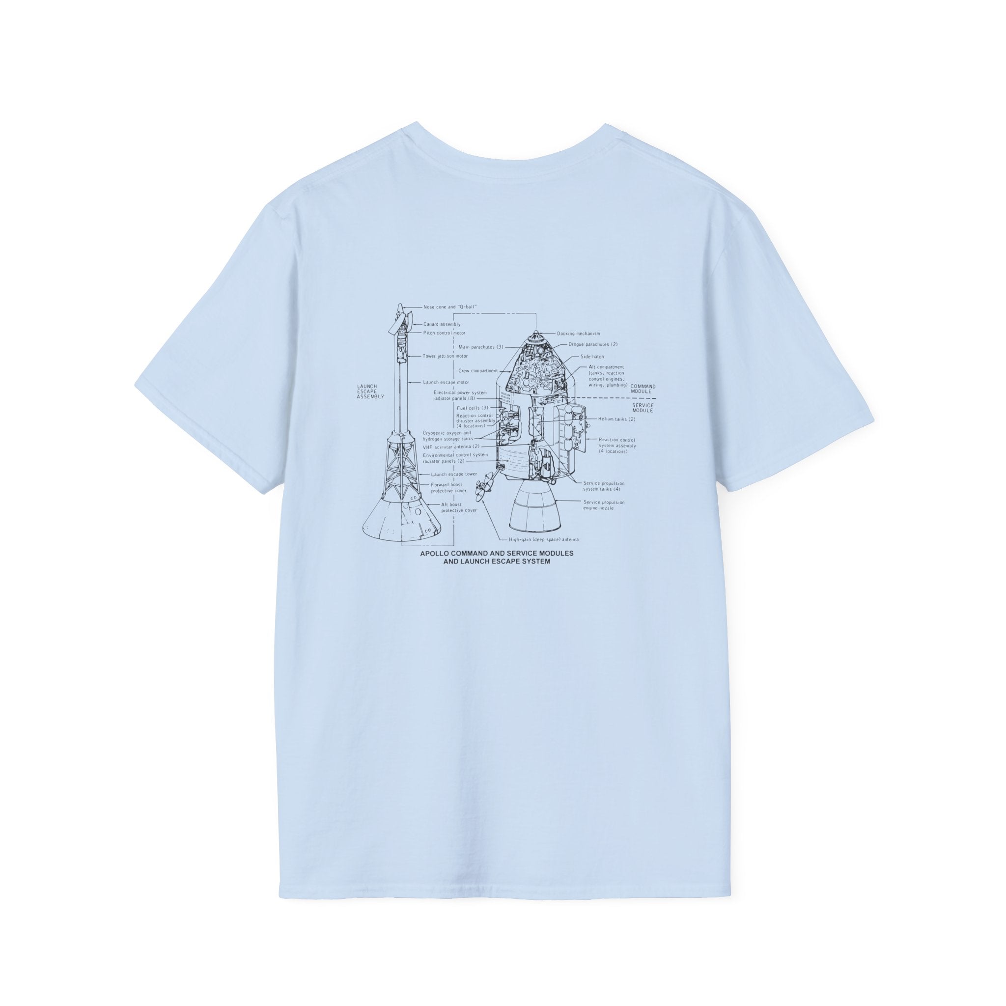 Apollo Command & Service Module T-Shirt in light blue, showcasing a detailed diagram of the Apollo Command & Service Module with labeled parts in black on the back, honoring the revolutionary Apollo space program.