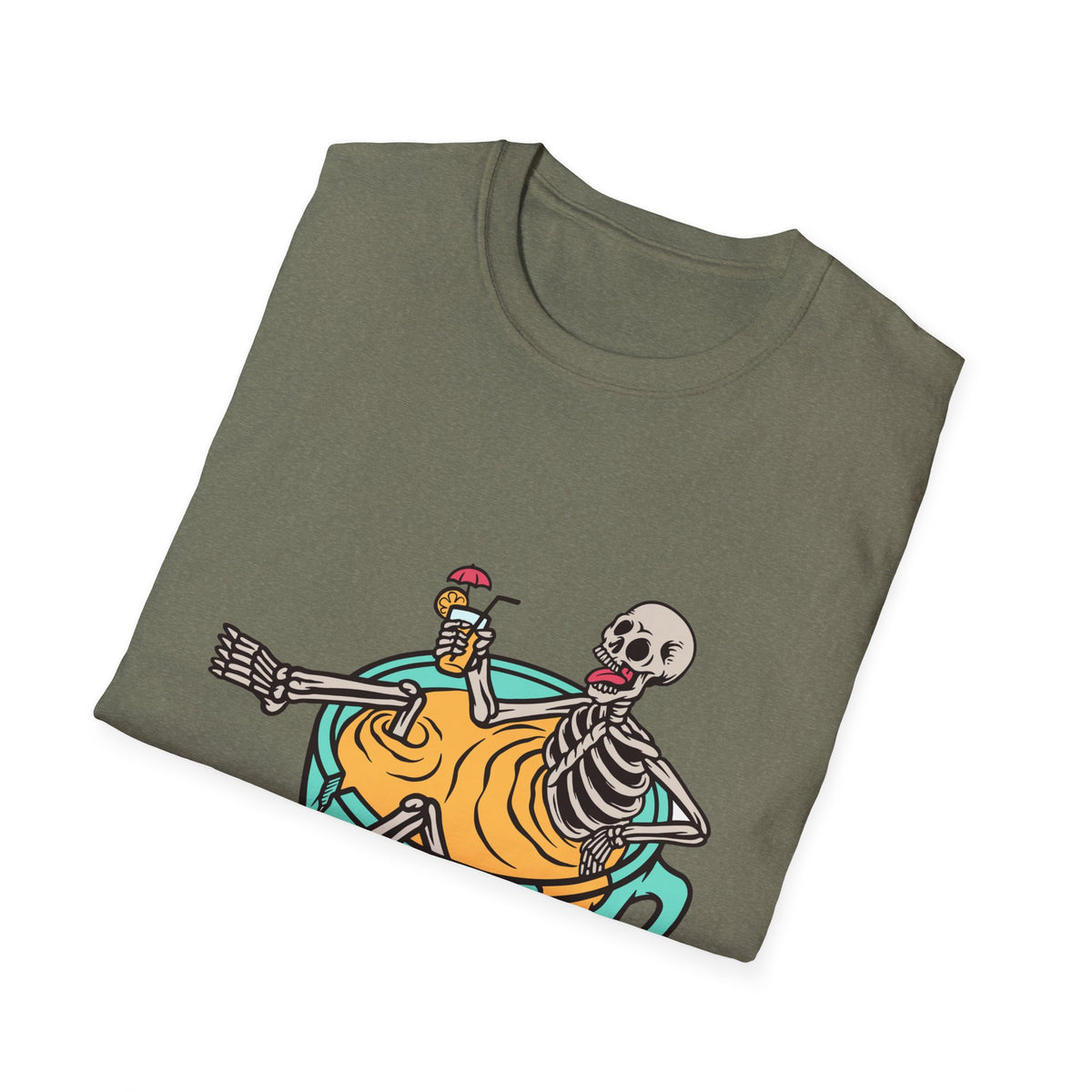 'Relaxing Skull' skeletons in a teacup print folded on olive green t-shirt, funny gift idea