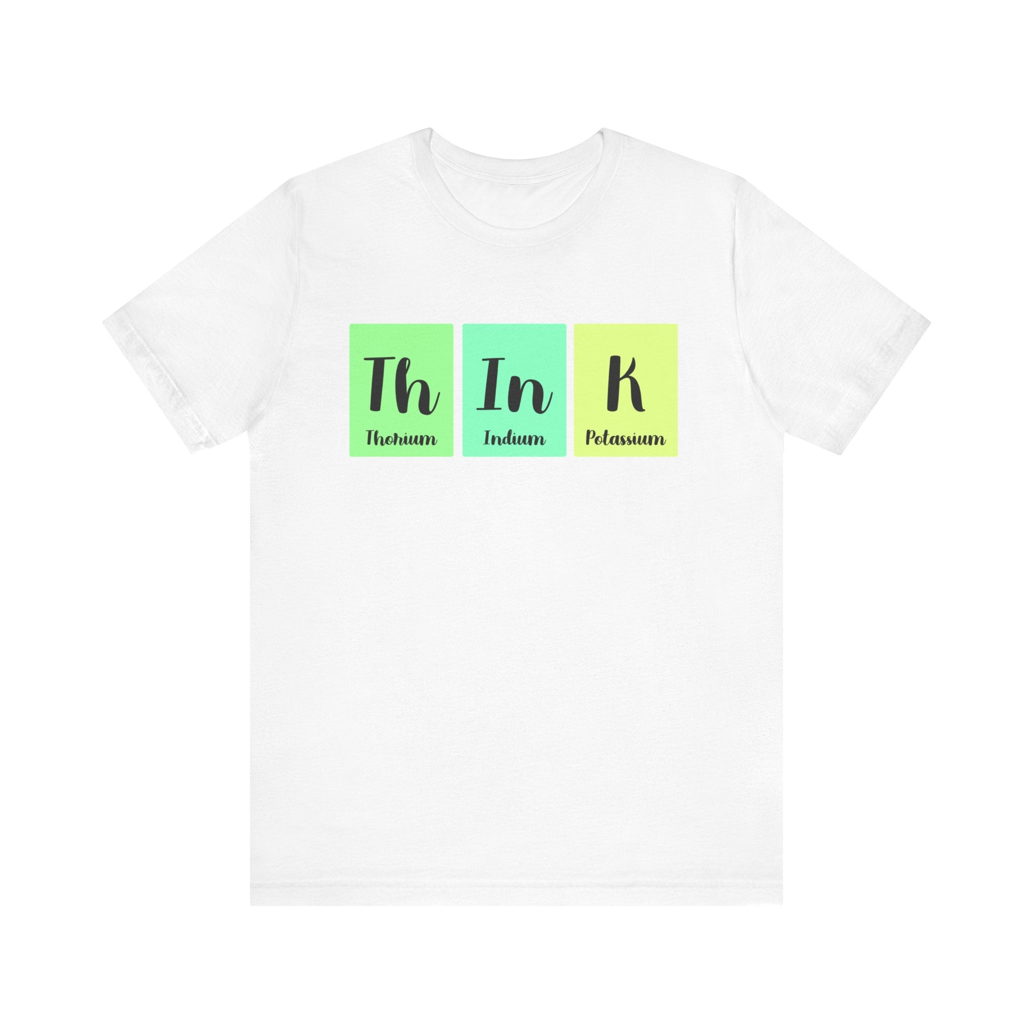 White unisex jersey tee with the Th-In-k elements arranged to spell "think" on the chest.