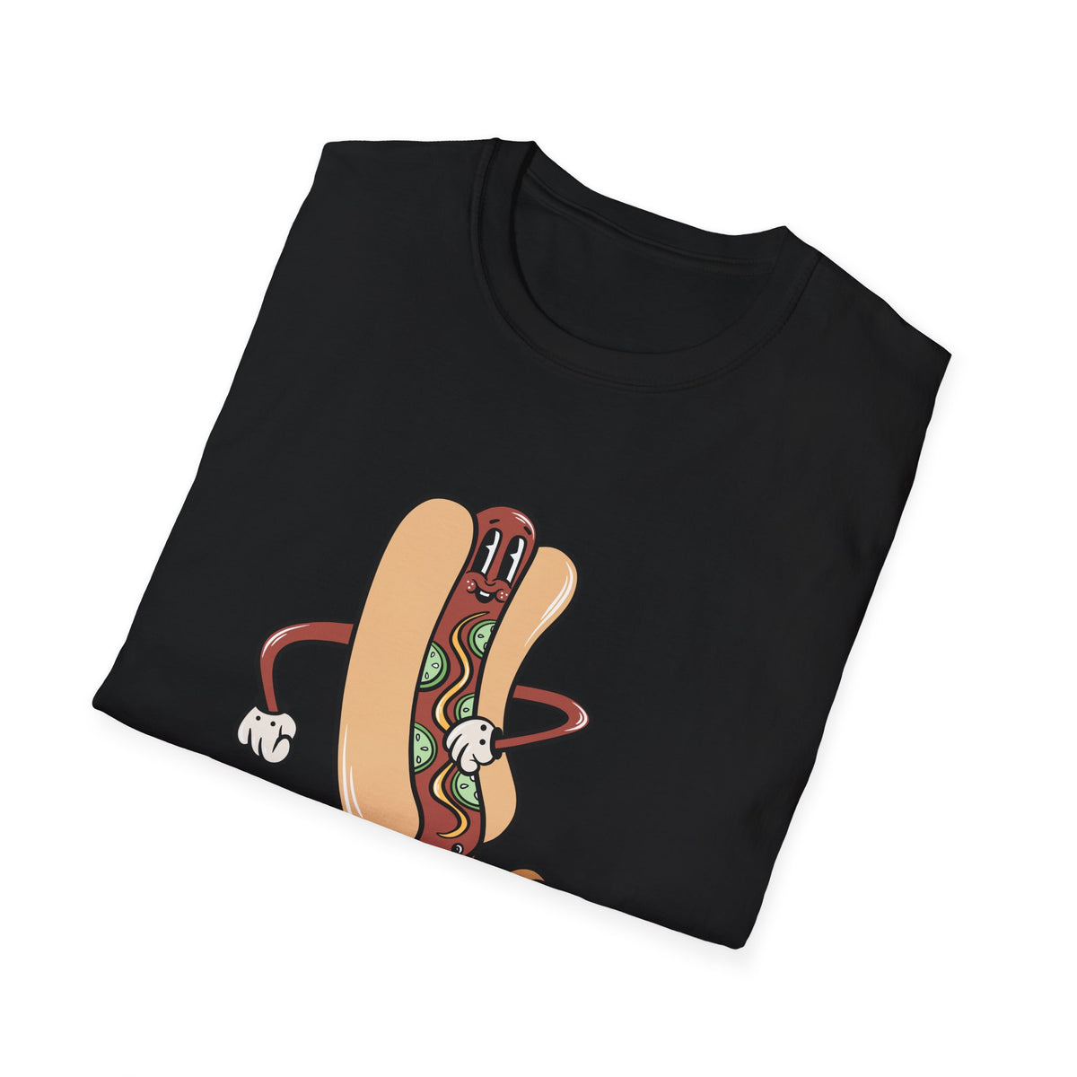 Hotdog Cartoon t-shirt in black, folded flat lay showing front print, funny gift for foodies