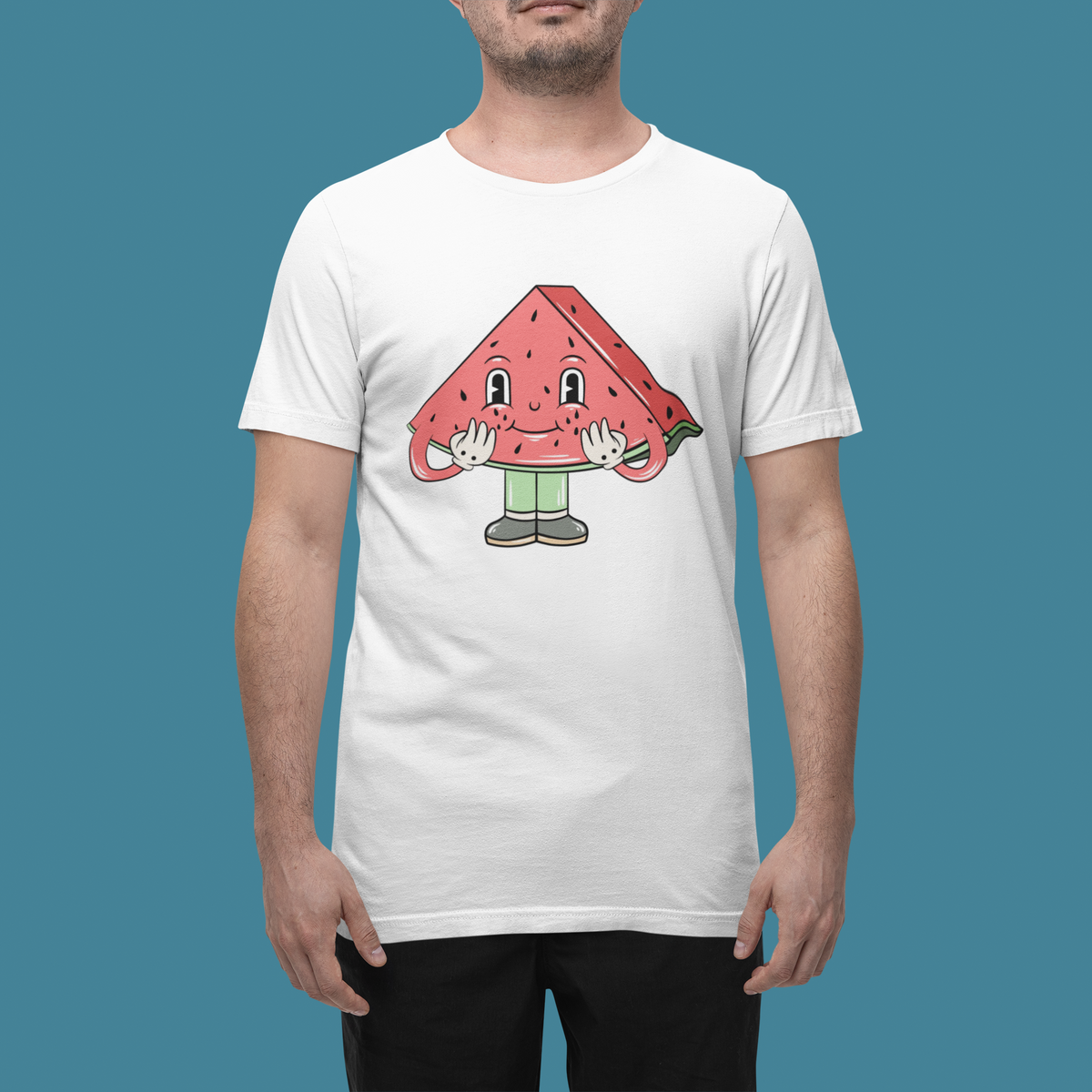Cartoon watermelon t-shirt in white, man modeling it on teal background, funny summer fruit gift