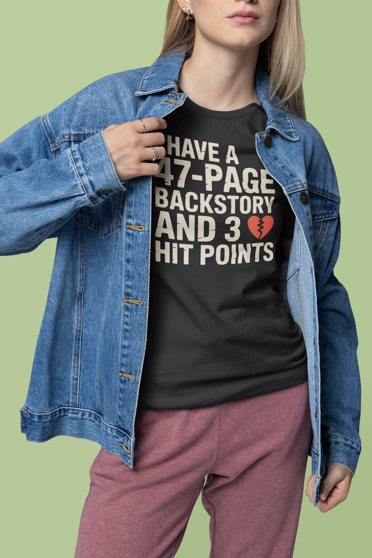 'I Have a 47-Page Backstory' black tee under open denim jacket worn by woman, funny RPG gift