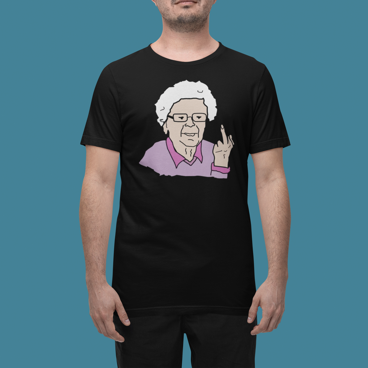 'Granny' t-shirt in black, man wearing it in a studio, T-Shirt mockup, Geekpsters