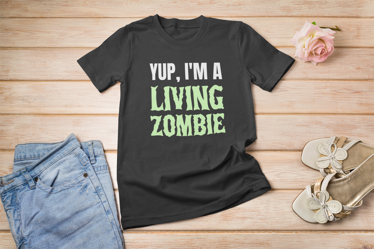 'Yup, I'm a Living Zombie' t-shirt in black, styled flat lay with heels, funny zombie gift for her